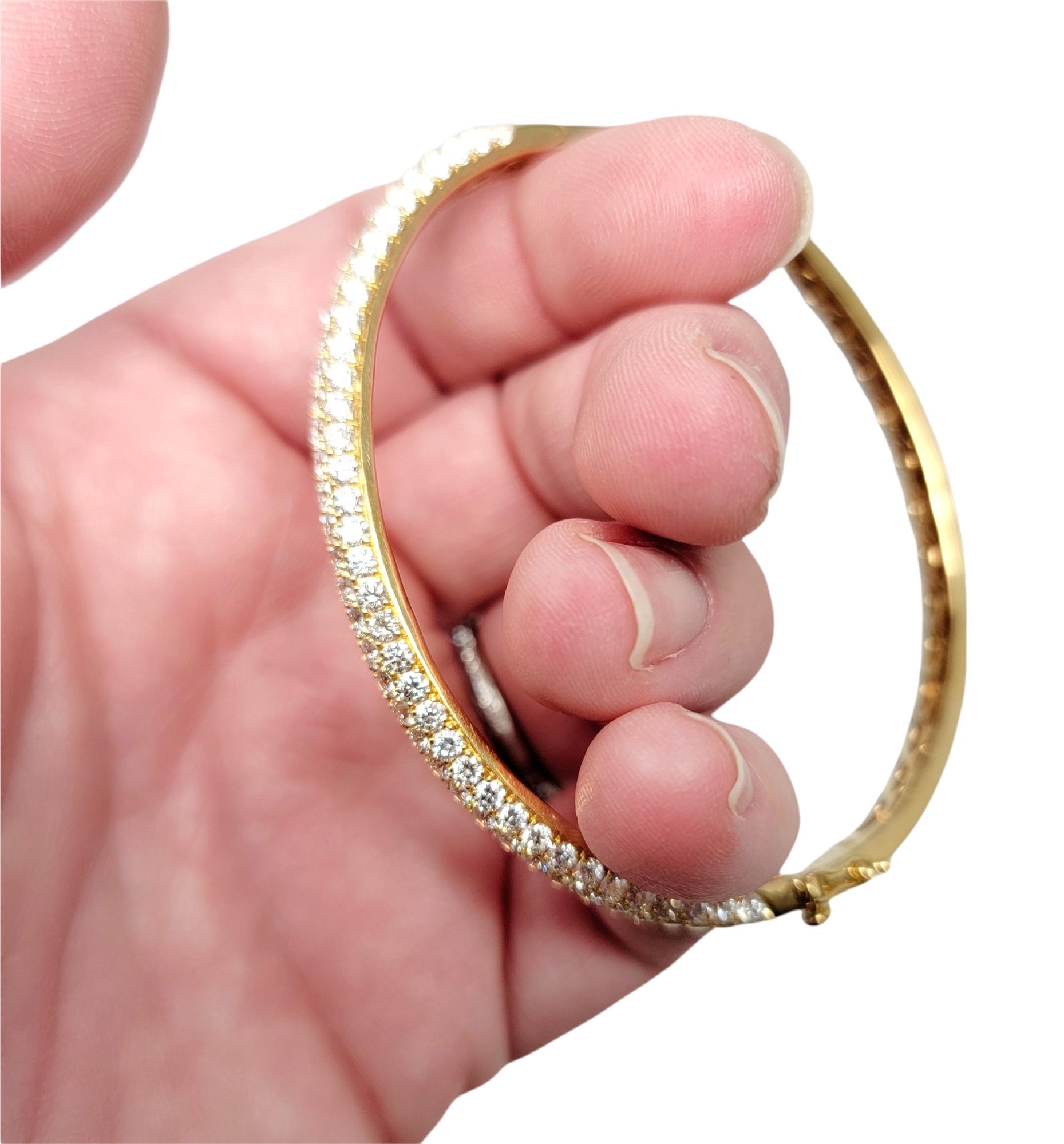 Three Row Pave Diamond Thin Hinged Bangle Bracelet in 18 Karat Yellow Gold For Sale 6