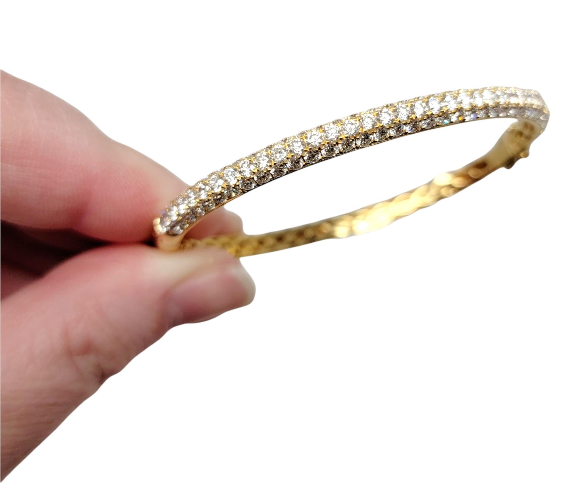 Three Row Pave Diamond Thin Hinged Bangle Bracelet in 18 Karat Yellow Gold For Sale 7