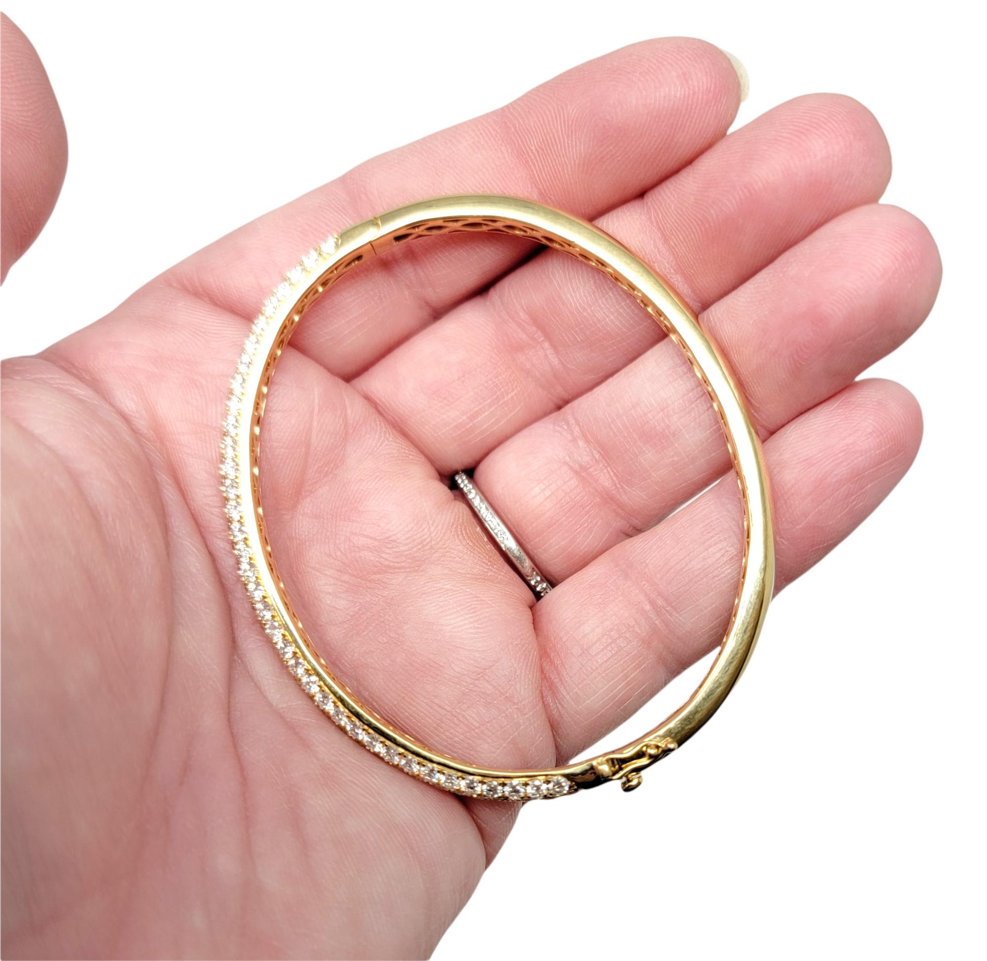 Three Row Pave Diamond Thin Hinged Bangle Bracelet in 18 Karat Yellow Gold For Sale 8