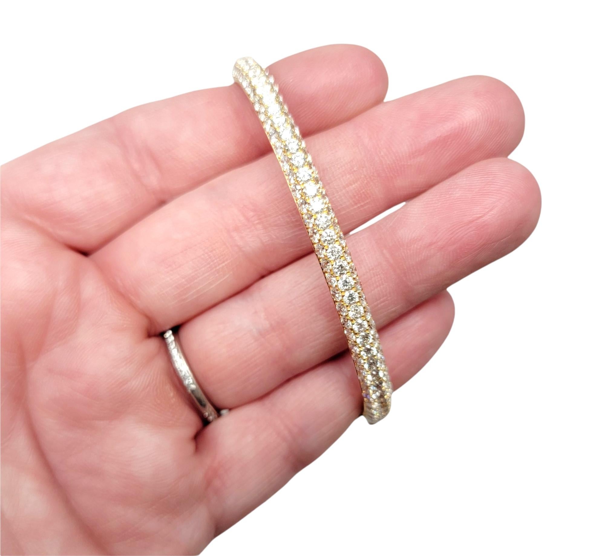 Three Row Pave Diamond Thin Hinged Bangle Bracelet in 18 Karat Yellow Gold For Sale 9