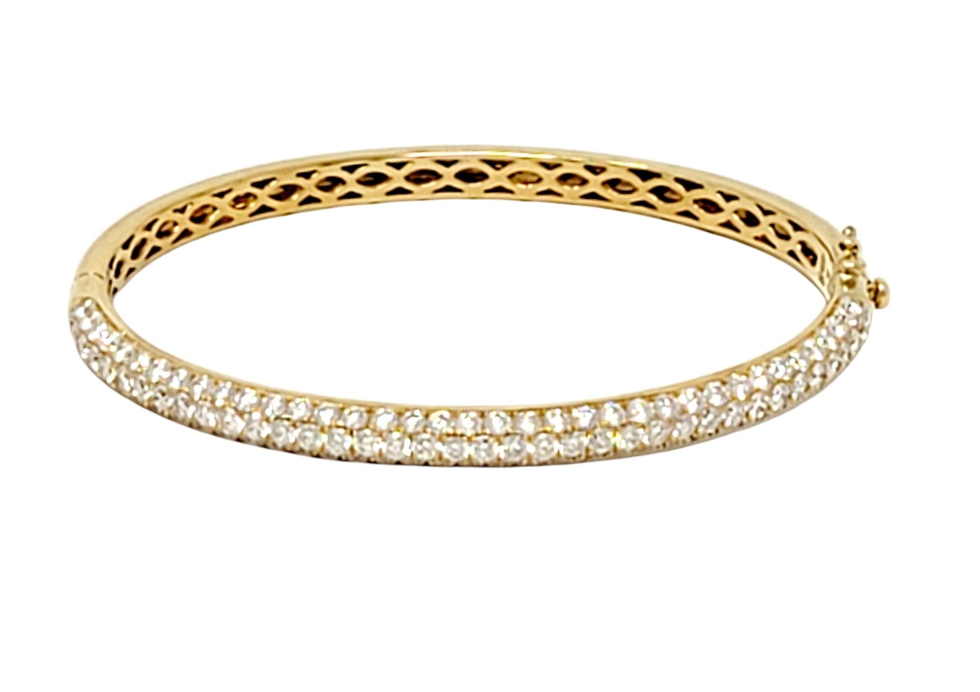 Three Row Pave Diamond Thin Hinged Bangle Bracelet in 18 Karat Yellow Gold For Sale 11