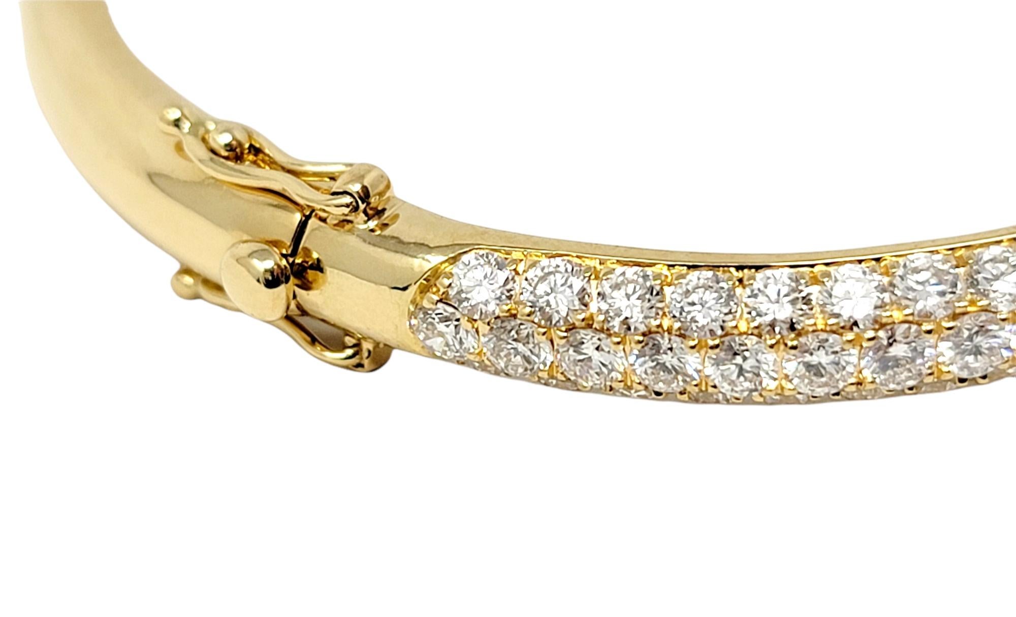 Round Cut Three Row Pave Diamond Thin Hinged Bangle Bracelet in 18 Karat Yellow Gold For Sale