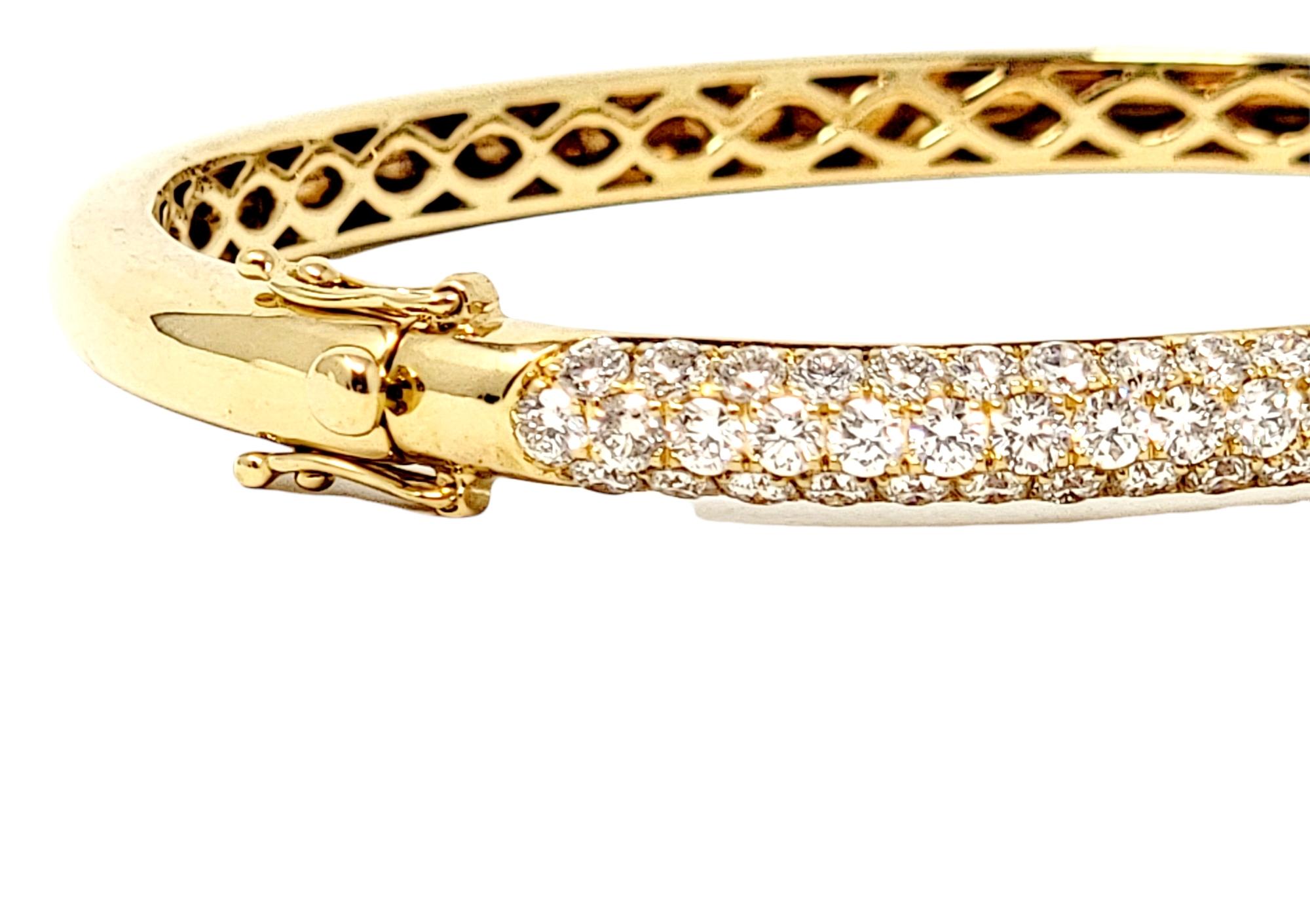 Three Row Pave Diamond Thin Hinged Bangle Bracelet in 18 Karat Yellow Gold In Good Condition For Sale In Scottsdale, AZ