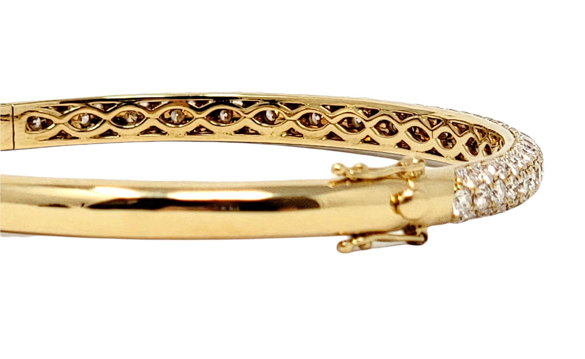 Women's Three Row Pave Diamond Thin Hinged Bangle Bracelet in 18 Karat Yellow Gold For Sale