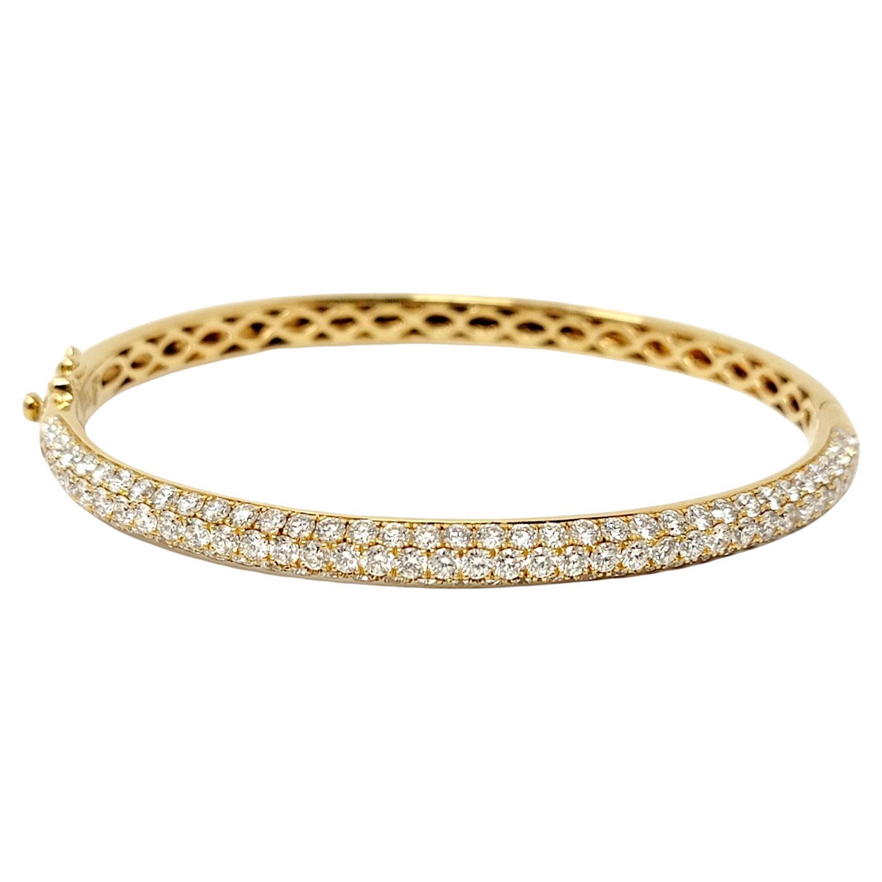 Three Row Pave Diamond Thin Hinged Bangle Bracelet in 18 Karat Yellow Gold For Sale