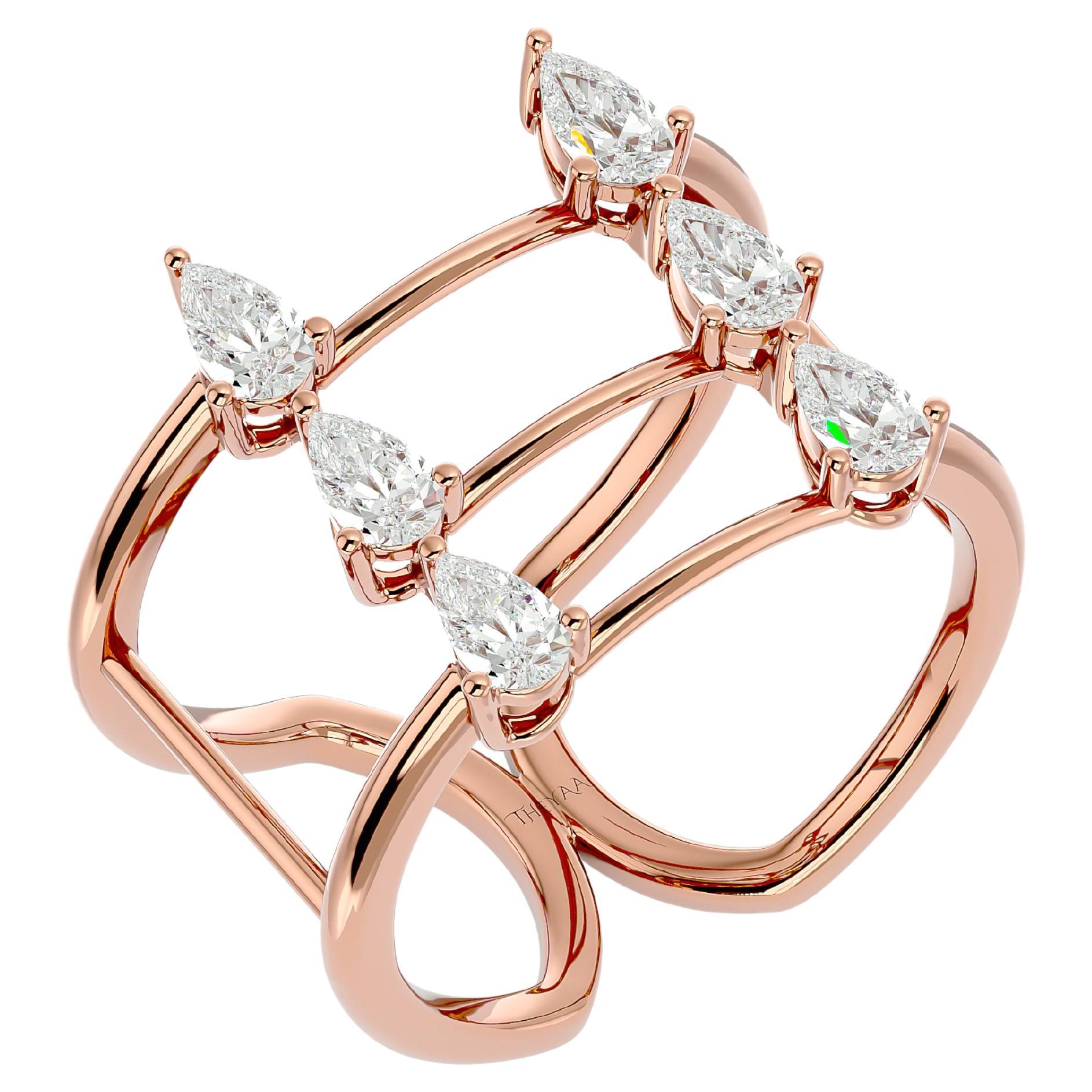 Three Row Pear Diamond Butterfly Ring in 18 Karat Gold For Sale