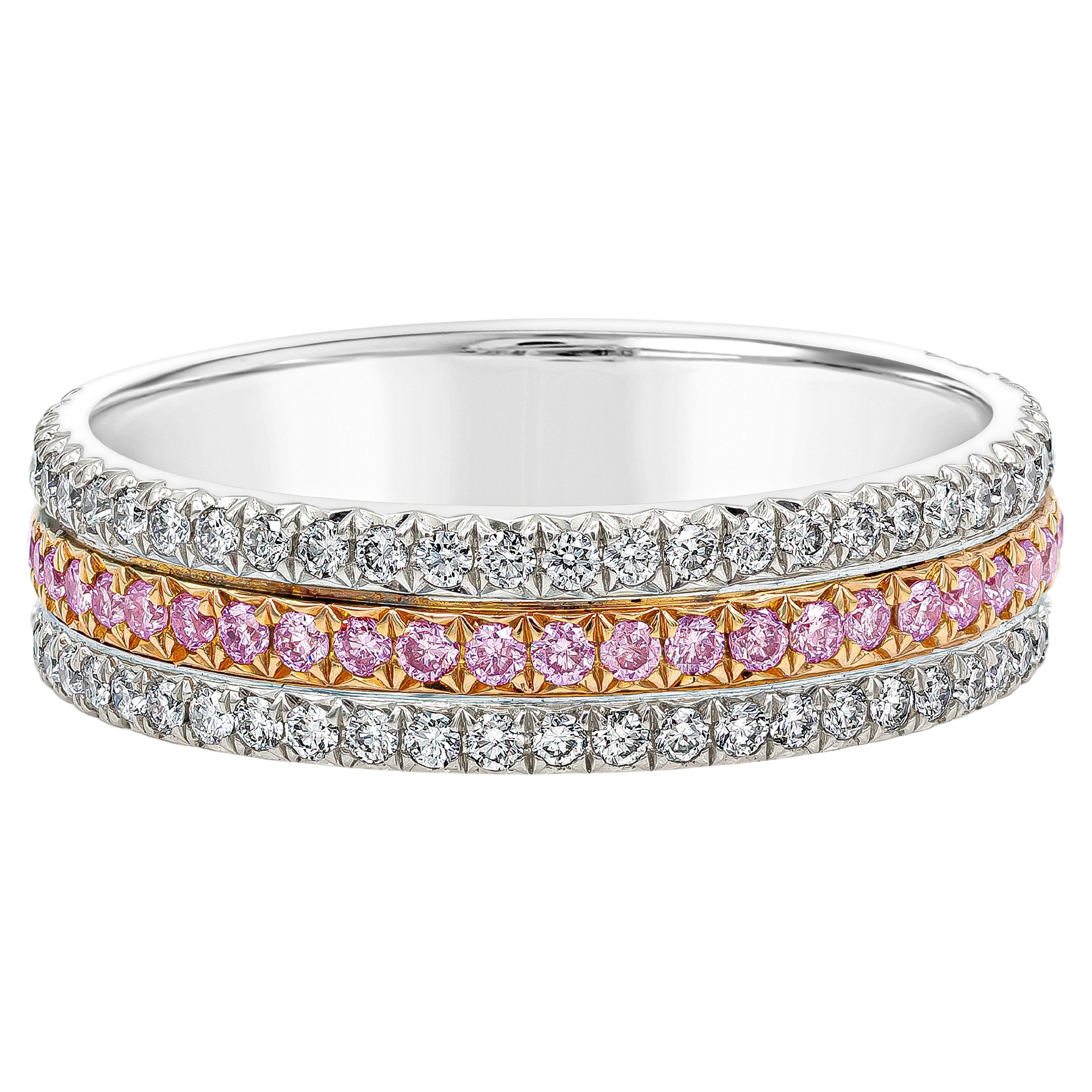 Three-Row Pink and White Diamond Wedding Band For Sale
