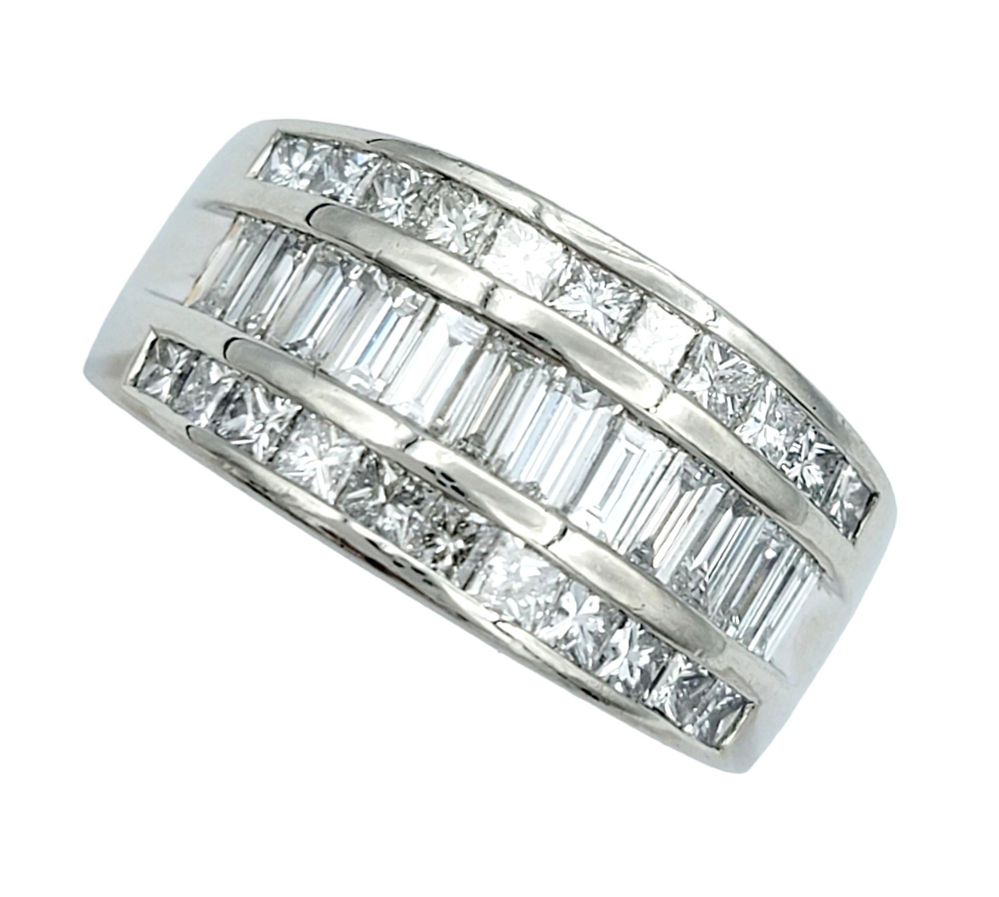 Contemporary Three Row Princess and Baguette Cut Diamond Semi-Eternity Band Ring in Platinum