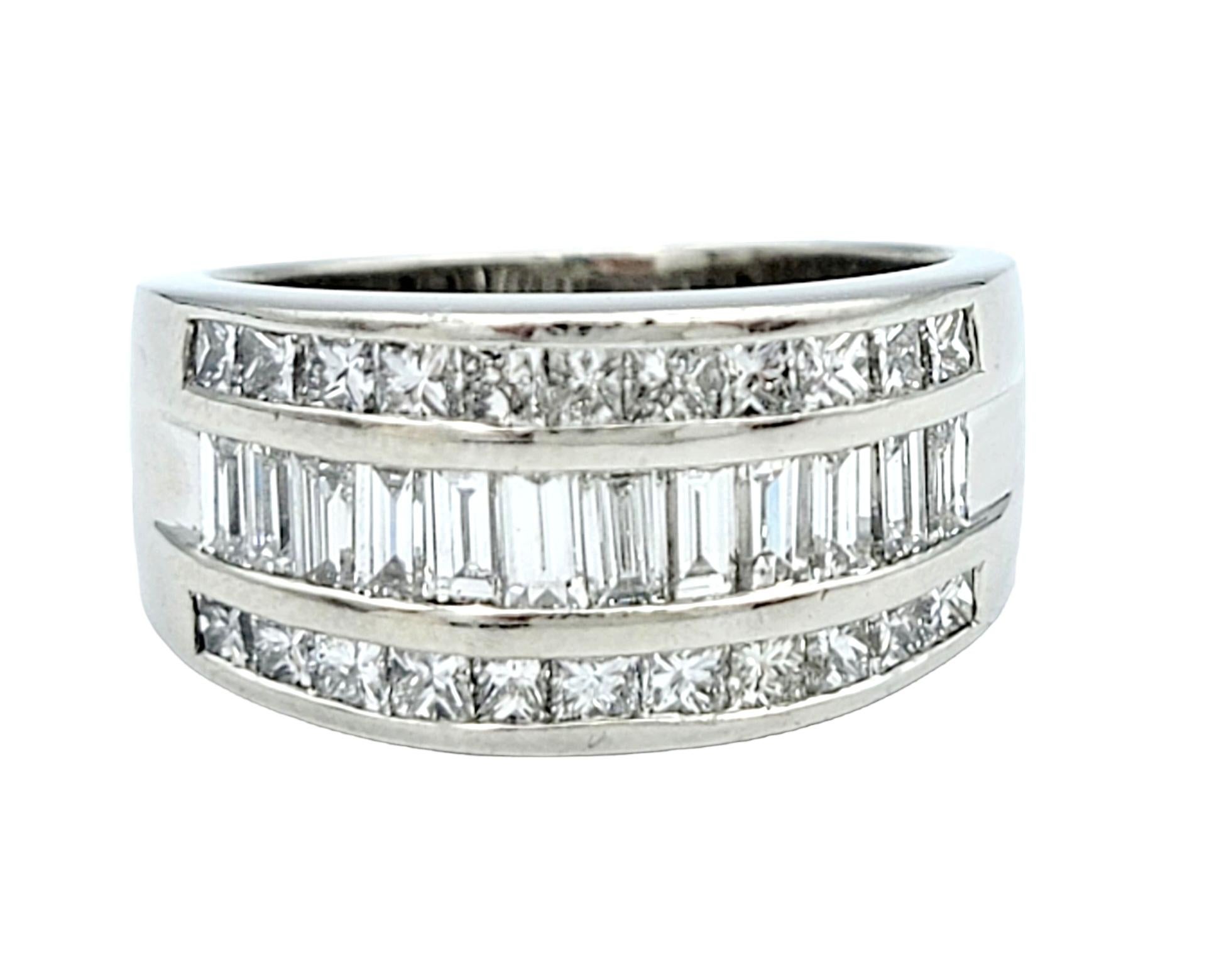 Three Row Princess and Baguette Cut Diamond Semi-Eternity Band Ring in Platinum In Good Condition In Scottsdale, AZ
