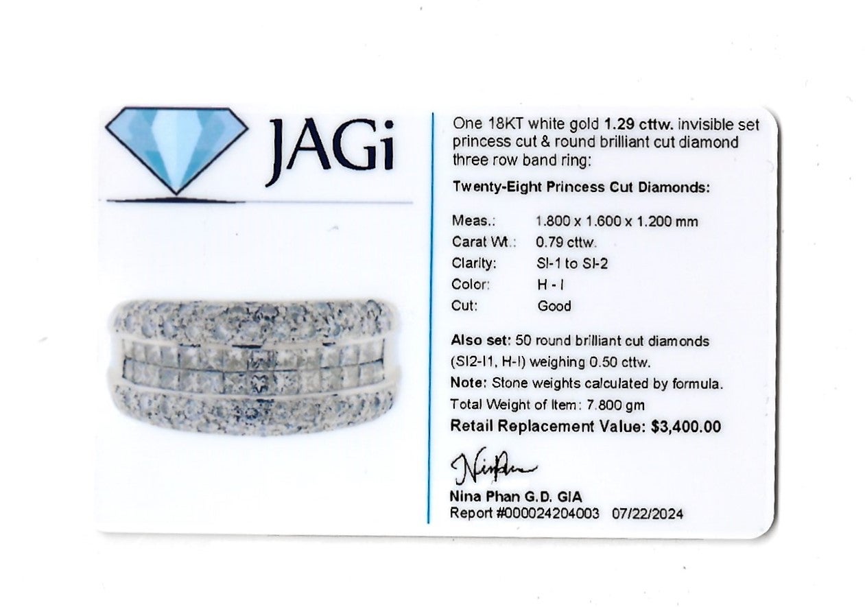 Three Row Princess and Round Cut Diamond Band Ring in 18 Karat White Gold For Sale 5