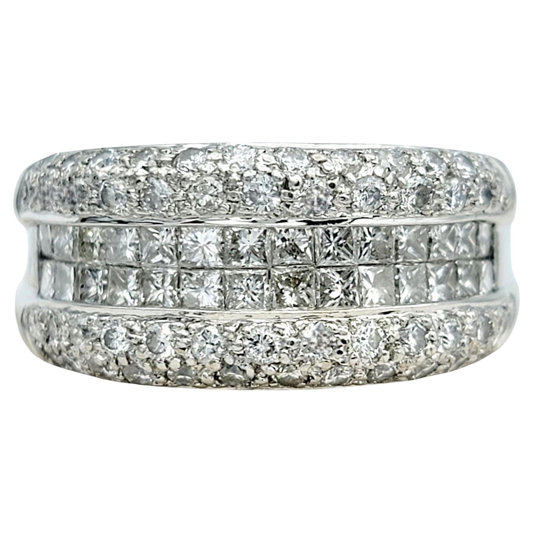 Contemporary Three Row Princess and Round Cut Diamond Band Ring in 18 Karat White Gold For Sale