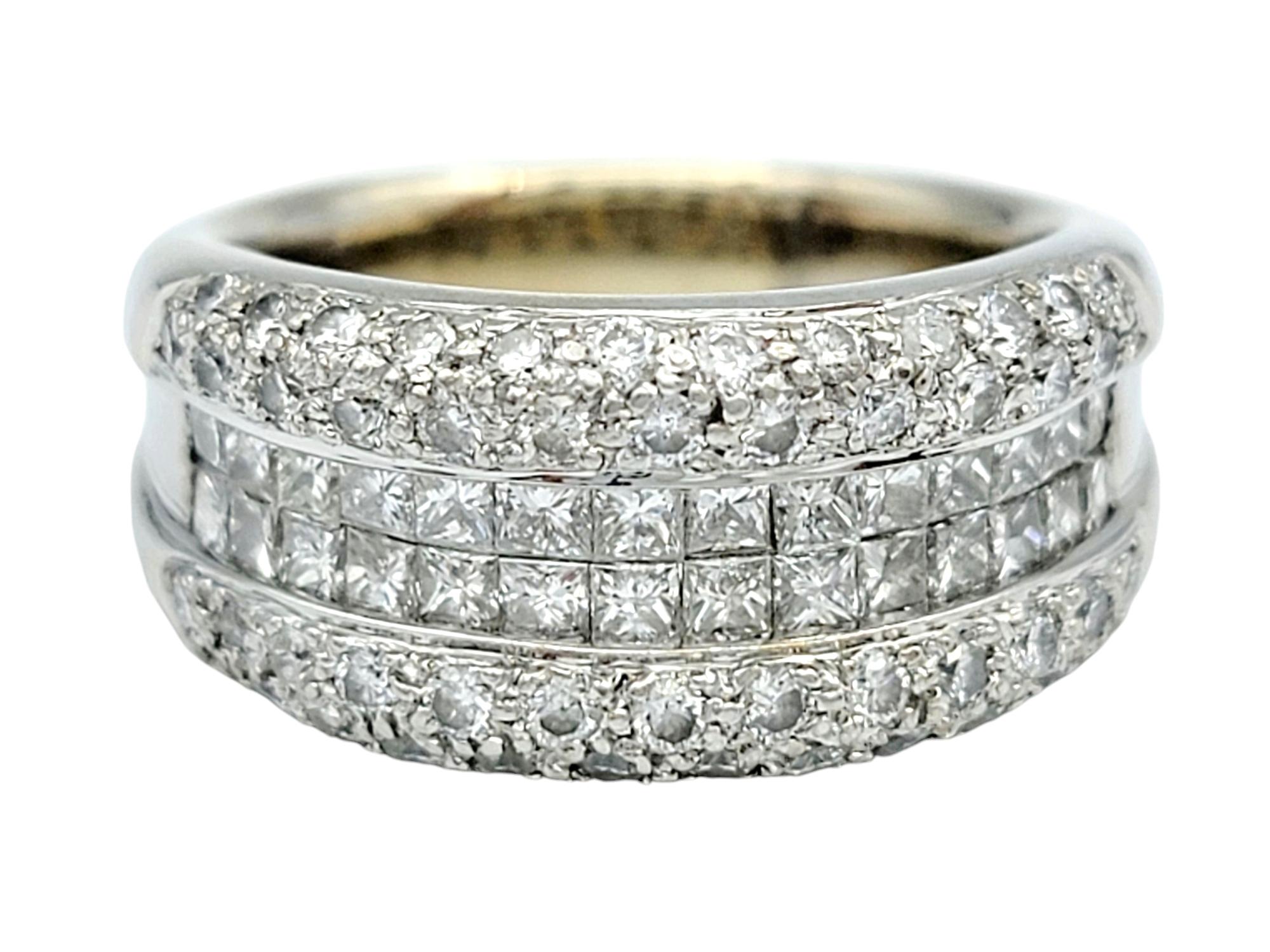 Princess Cut Three Row Princess and Round Cut Diamond Band Ring in 18 Karat White Gold For Sale