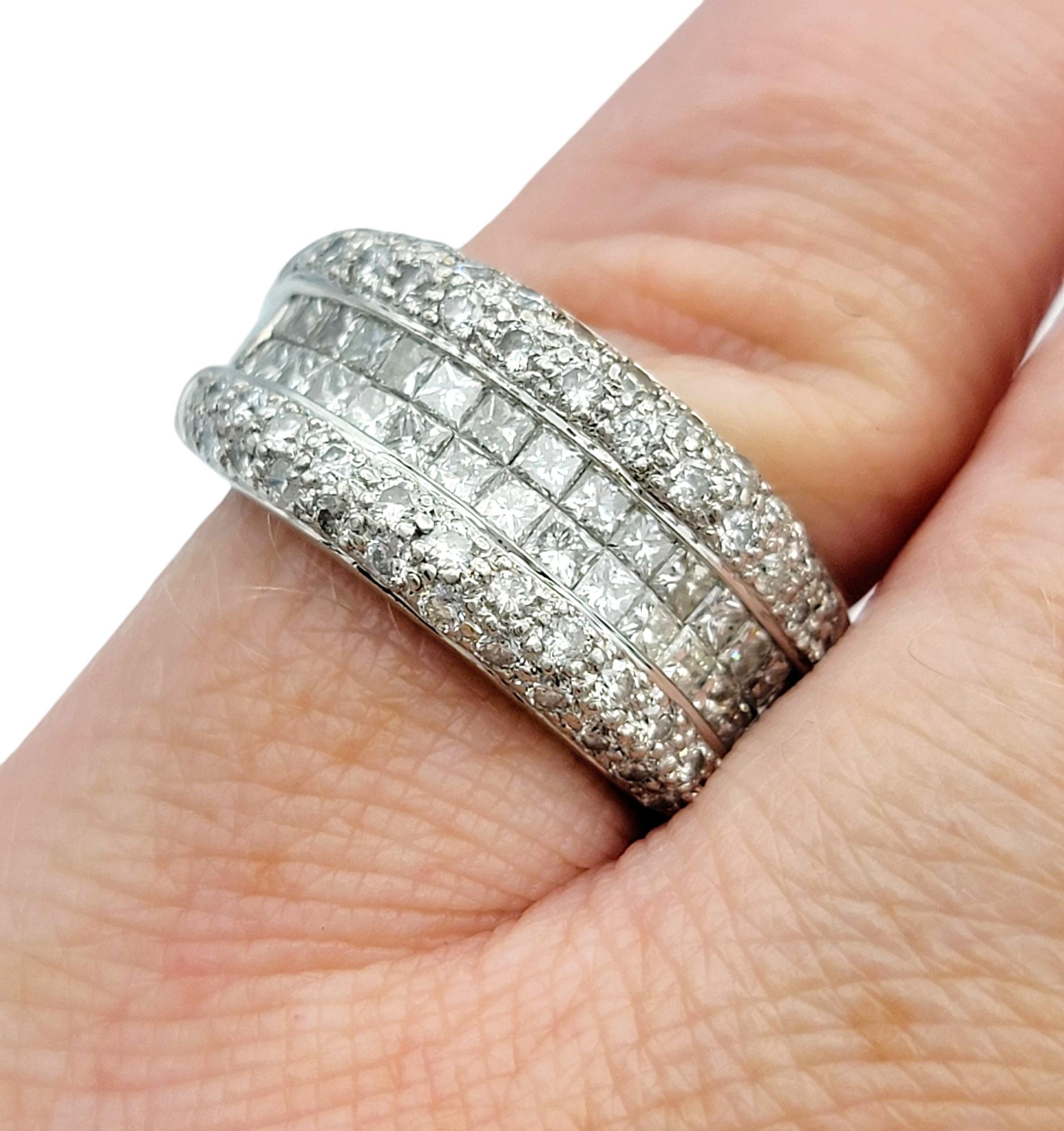 Three Row Princess and Round Cut Diamond Band Ring in 18 Karat White Gold For Sale 2