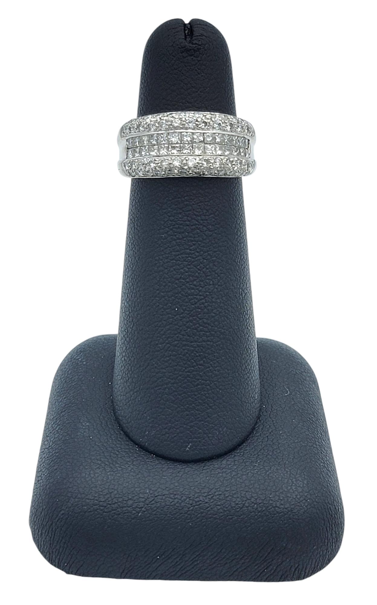 Three Row Princess and Round Cut Diamond Band Ring in 18 Karat White Gold For Sale 3