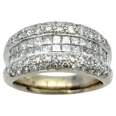 Three Row Princess and Round Cut Diamond Band Ring in 18 Karat White Gold