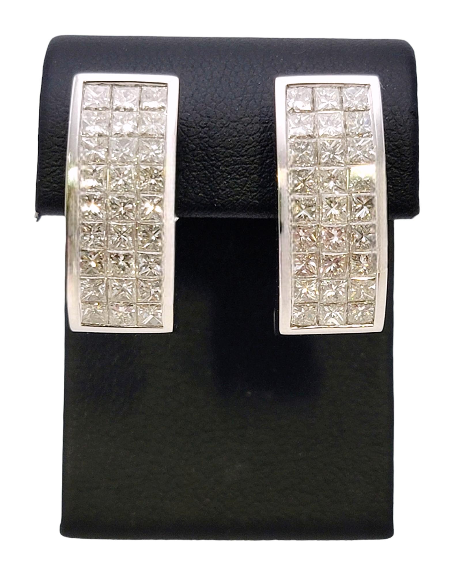 Three Row Princess Cut Diamond Half Hoop Non-Pierced Earrings in 18 Karat Gold For Sale 7