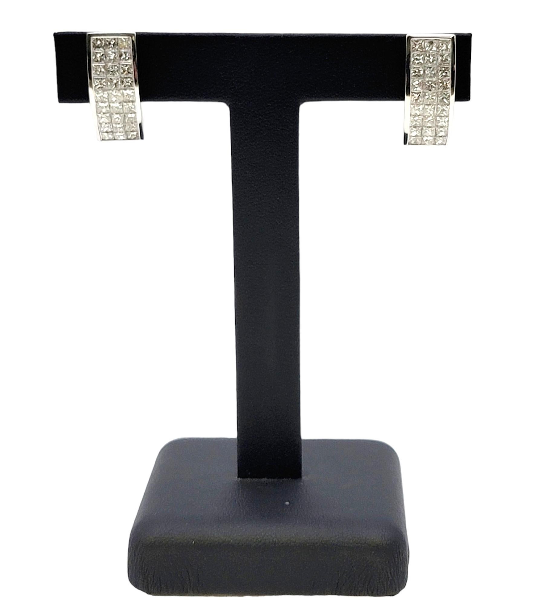 Three Row Princess Cut Diamond Half Hoop Non-Pierced Earrings in 18 Karat Gold For Sale 8