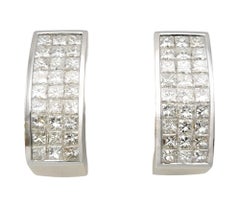 Three Row Princess Cut Diamond Half Hoop Non-Pierced Earrings in 18 Karat Gold