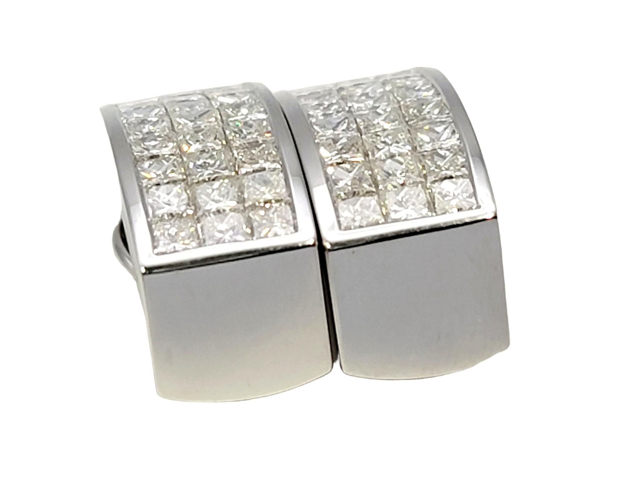 Contemporary Three Row Princess Cut Diamond Half Hoop Non-Pierced Earrings in 18 Karat Gold For Sale