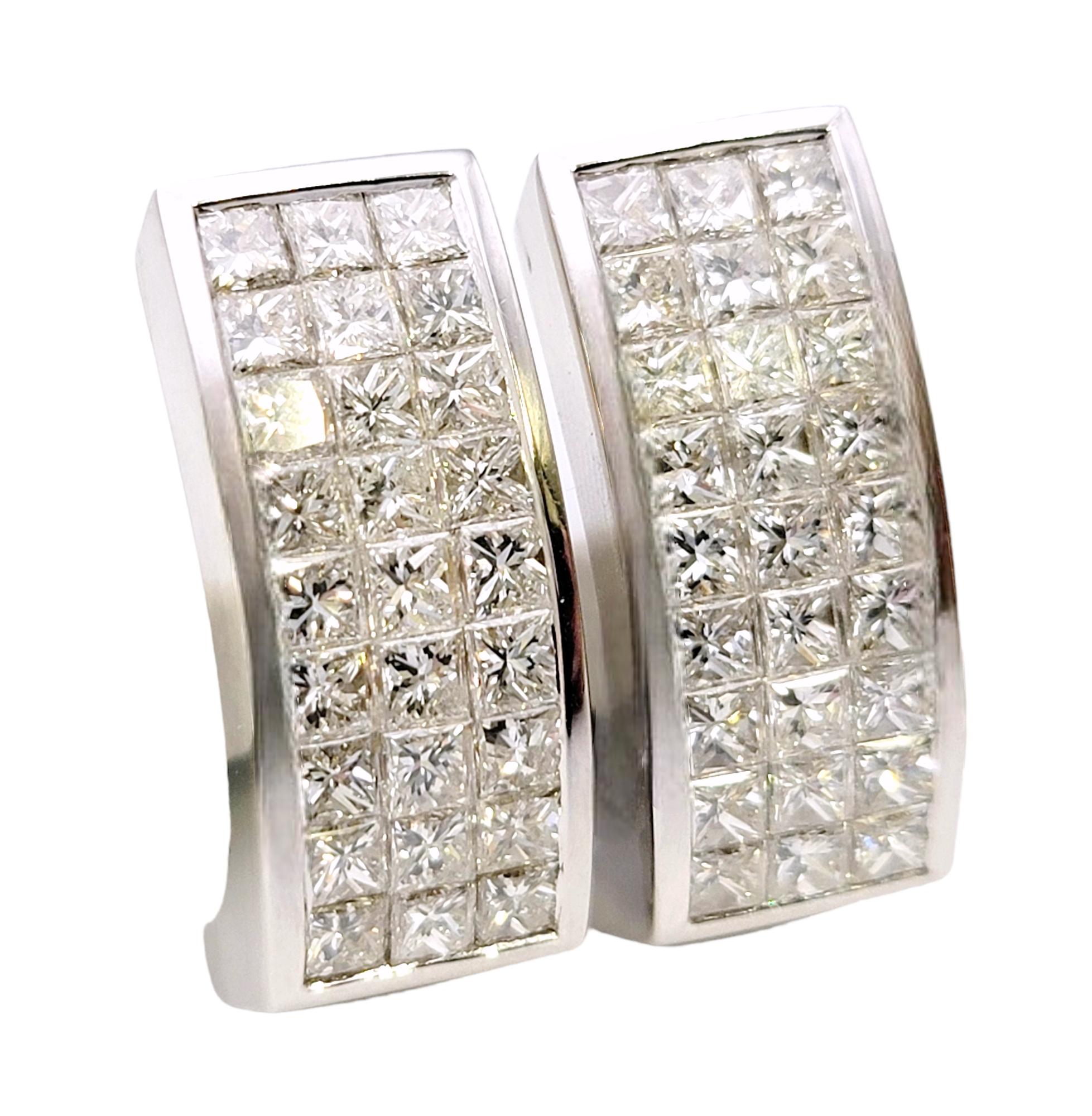 Three Row Princess Cut Diamond Half Hoop Non-Pierced Earrings in 18 Karat Gold In Good Condition For Sale In Scottsdale, AZ