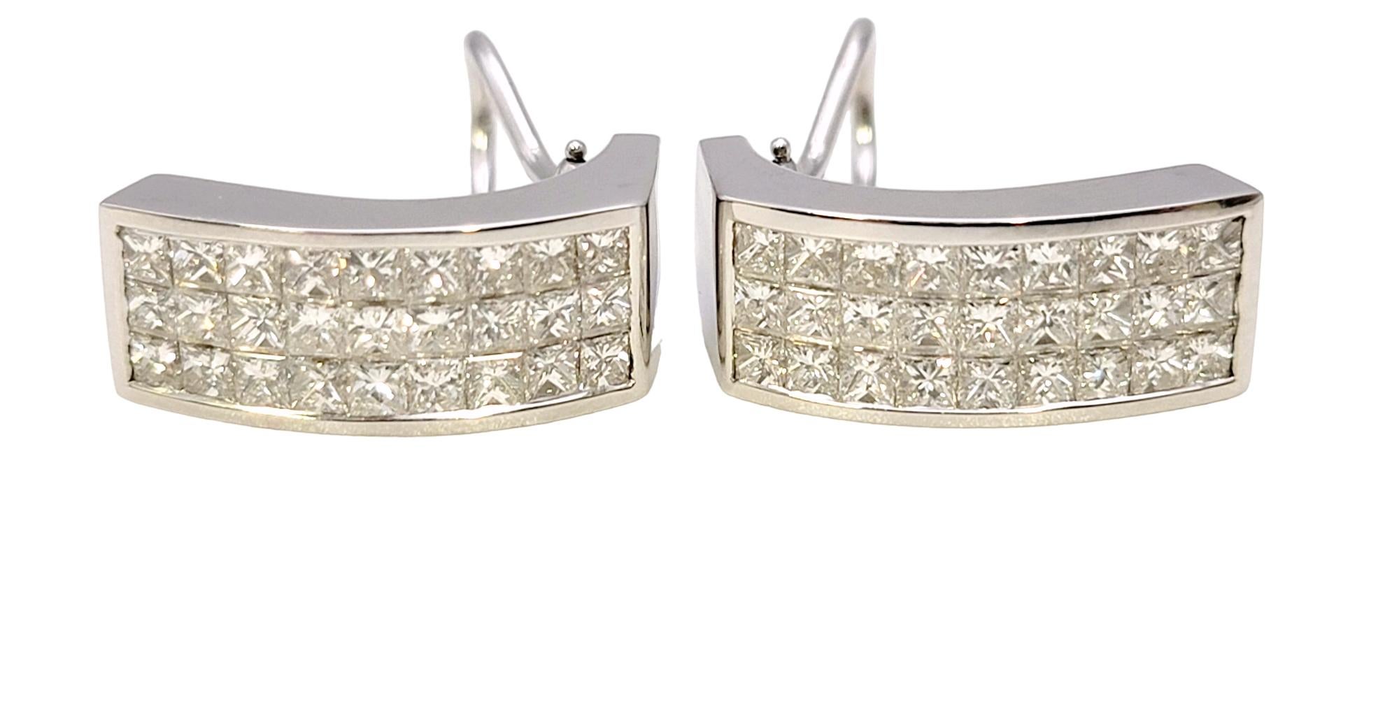 Women's Three Row Princess Cut Diamond Half Hoop Non-Pierced Earrings in 18 Karat Gold For Sale