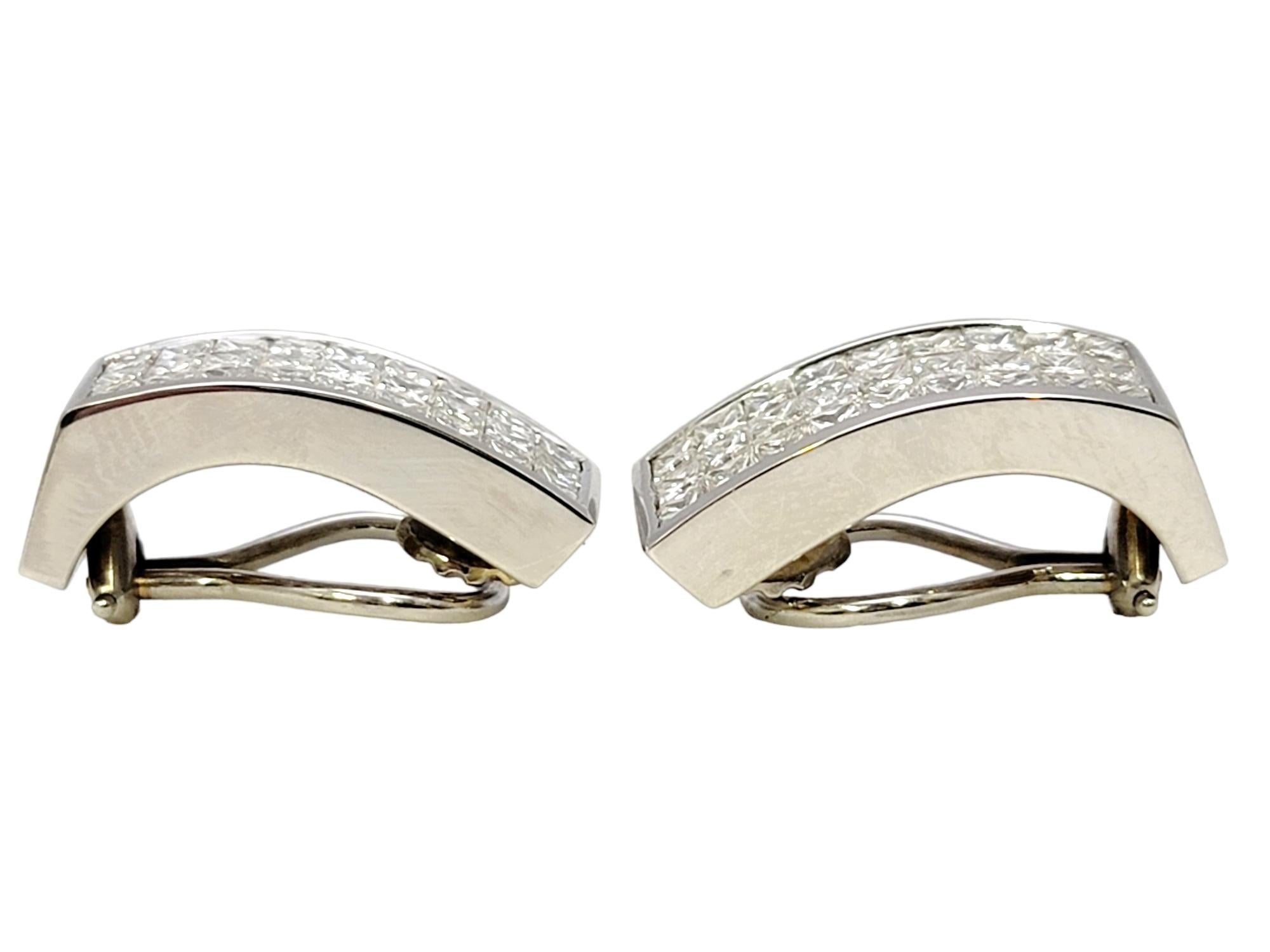 Three Row Princess Cut Diamond Half Hoop Non-Pierced Earrings in 18 Karat Gold For Sale 1