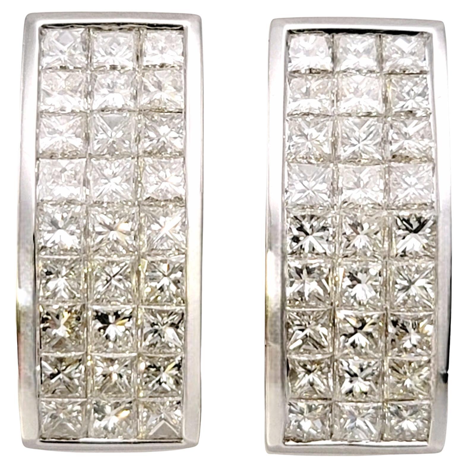 Three Row Princess Cut Diamond Half Hoop Non-Pierced Earrings in 18 Karat Gold For Sale