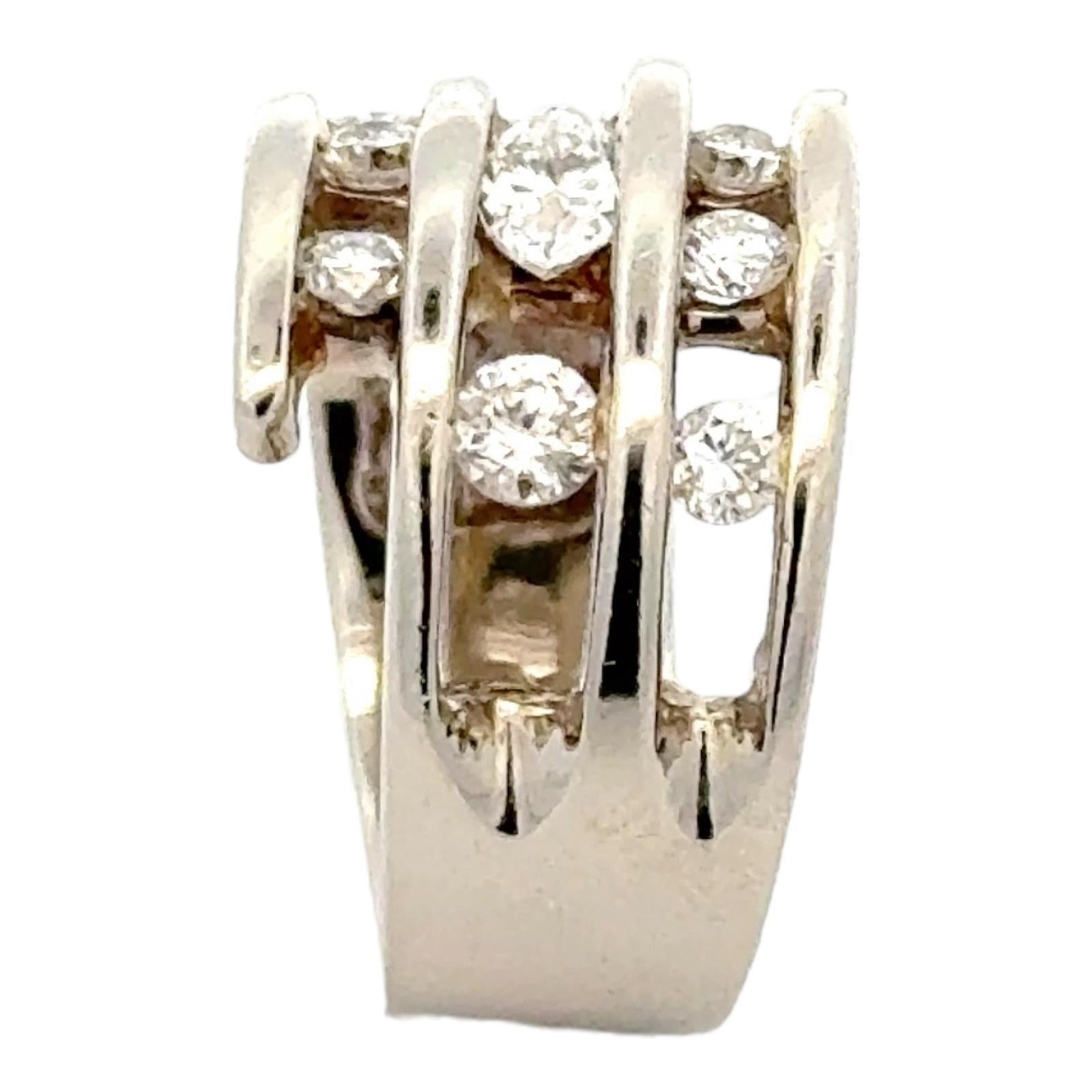 Round Cut Three Row Round Brilliant Cut Diamond Tension Set 14 Karat White Gold Band Ring For Sale