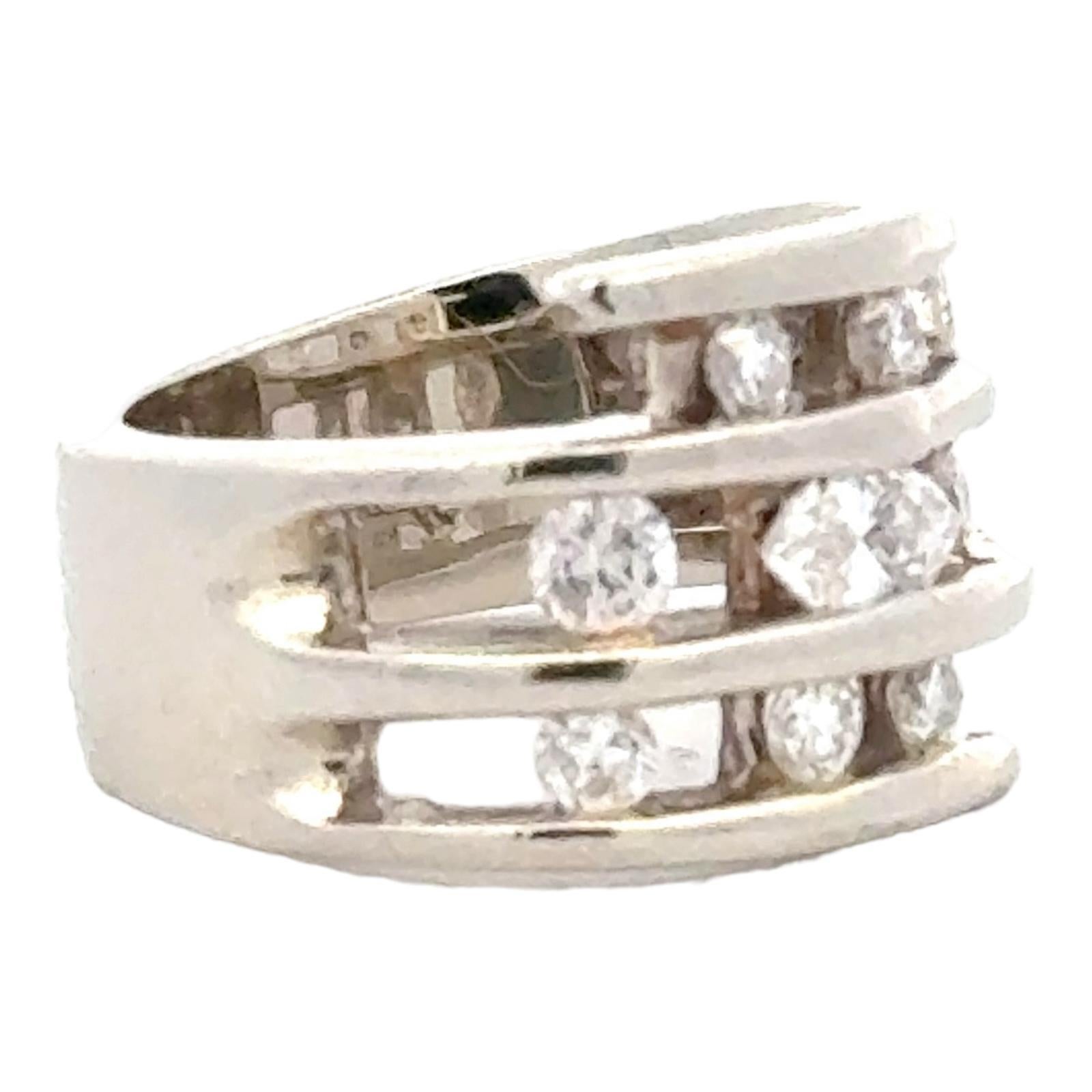 Women's Three Row Round Brilliant Cut Diamond Tension Set 14 Karat White Gold Band Ring For Sale