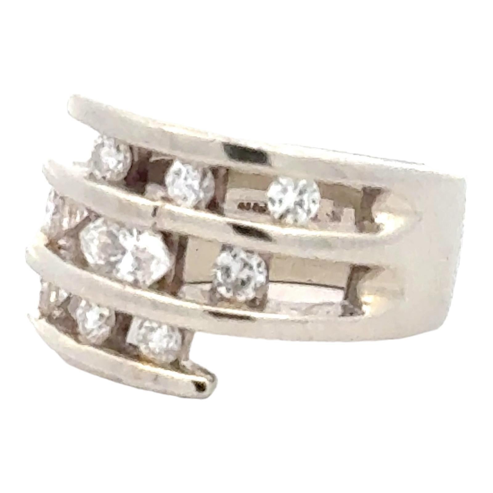 Three Row Round Brilliant Cut Diamond Tension Set 14 Karat White Gold Band Ring For Sale 1