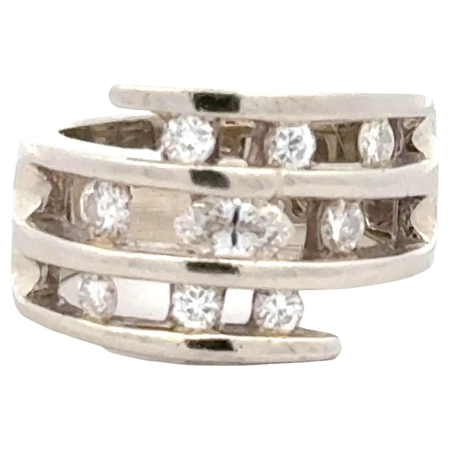 Three Row Round Brilliant Cut Diamond Tension Set 14 Karat White Gold Band Ring For Sale
