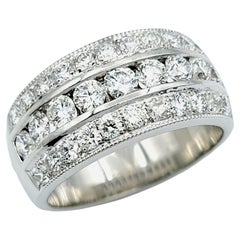 Three Row Round Brilliant Diamond Semi-Eternity Milgrain Band Ring 14 Karat Gold