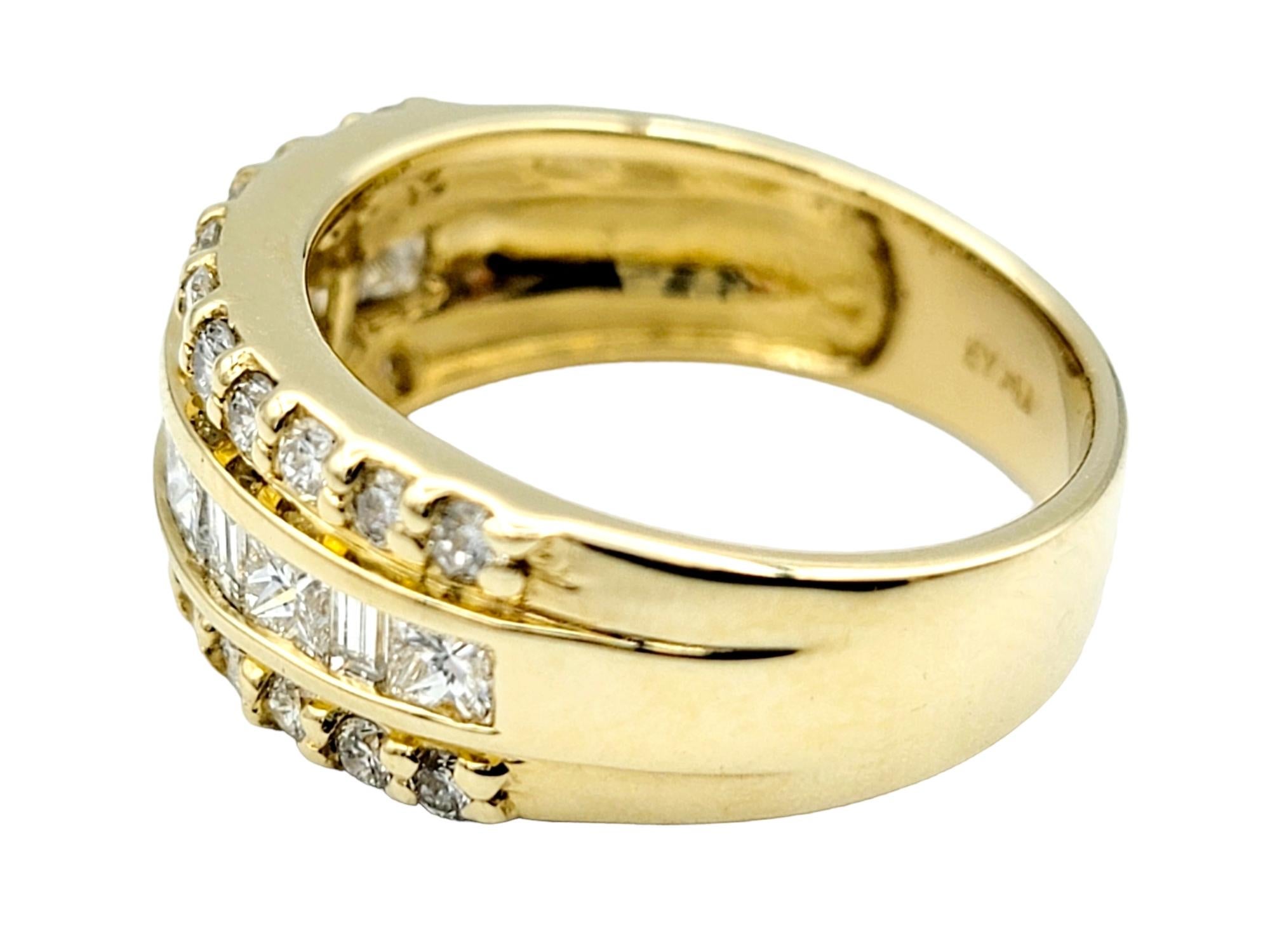 Three Row Round, Princess and Baguette Diamond Semi-Eternity Band Ring 14K Gold In Good Condition For Sale In Scottsdale, AZ