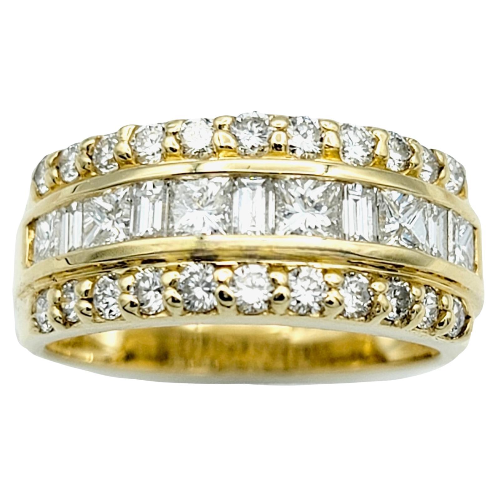 Three Row Round, Princess and Baguette Diamond Semi-Eternity Band Ring 14K Gold