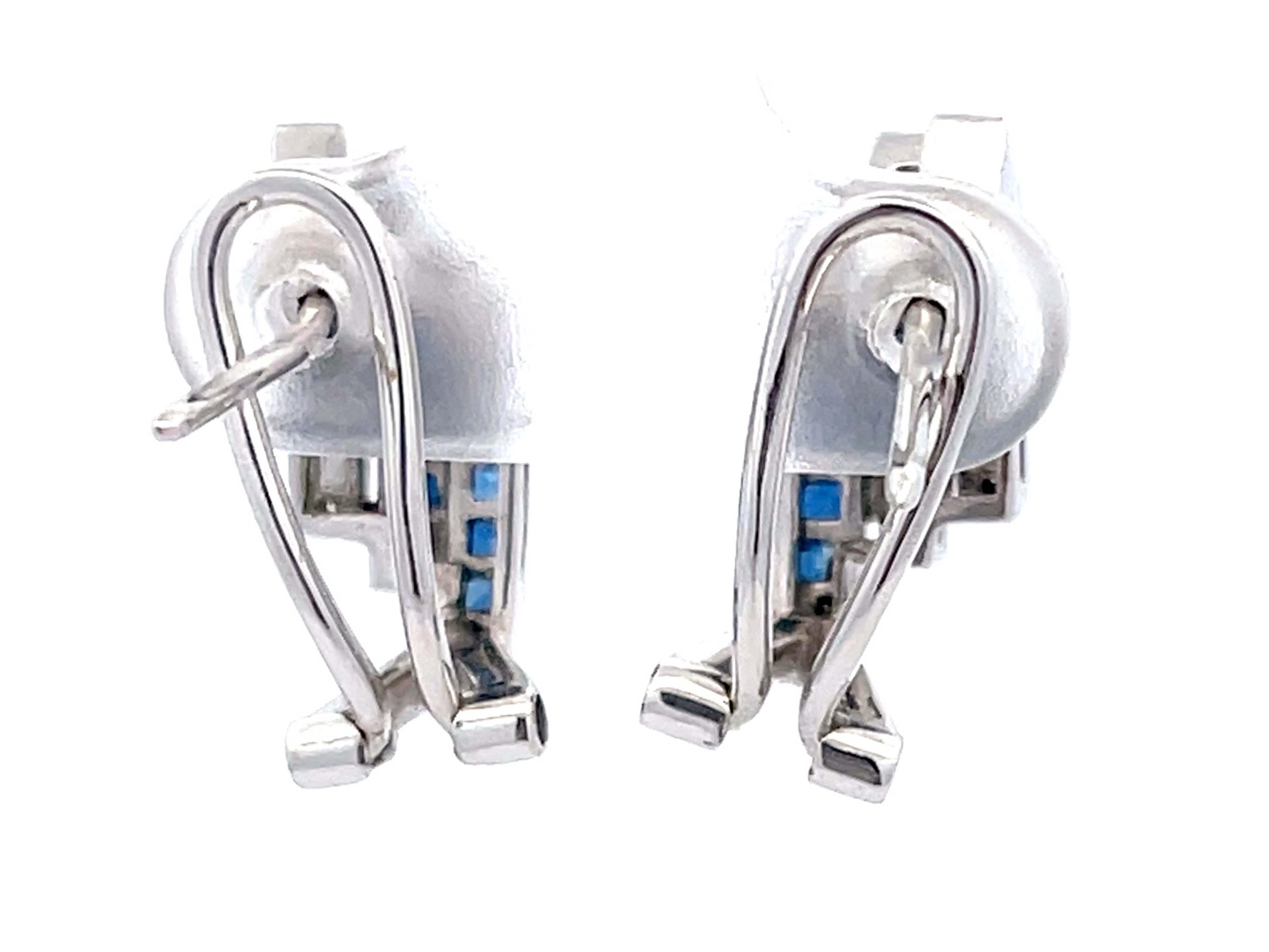 Three Row Sapphire and Diamond Huggie Earrings in 18k White Gold For Sale 1
