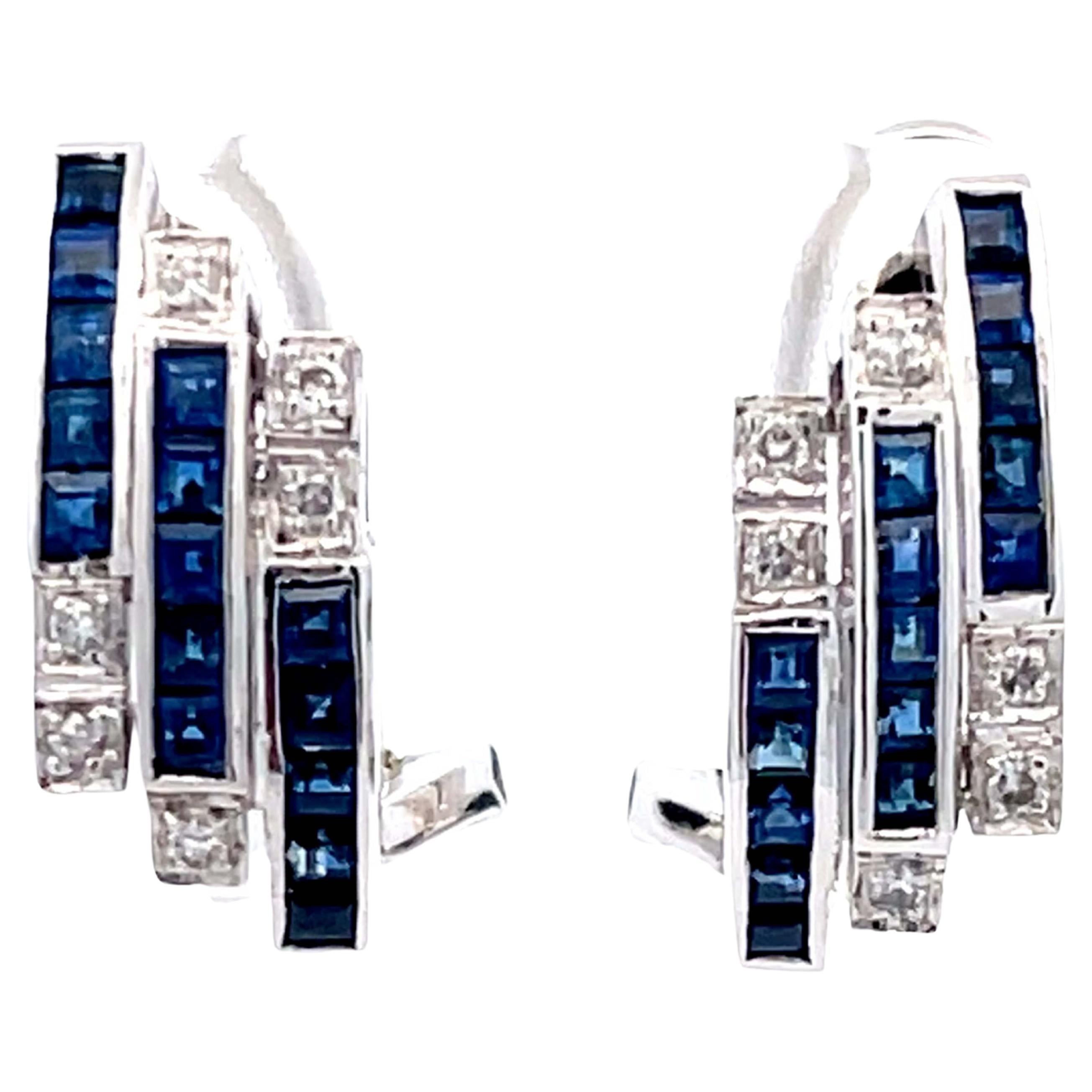 Three Row Sapphire and Diamond Huggie Earrings in 18k White Gold For Sale