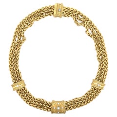 Three Row Wheat Chain Necklace w/ Diamonds in 18K Yellow Gold