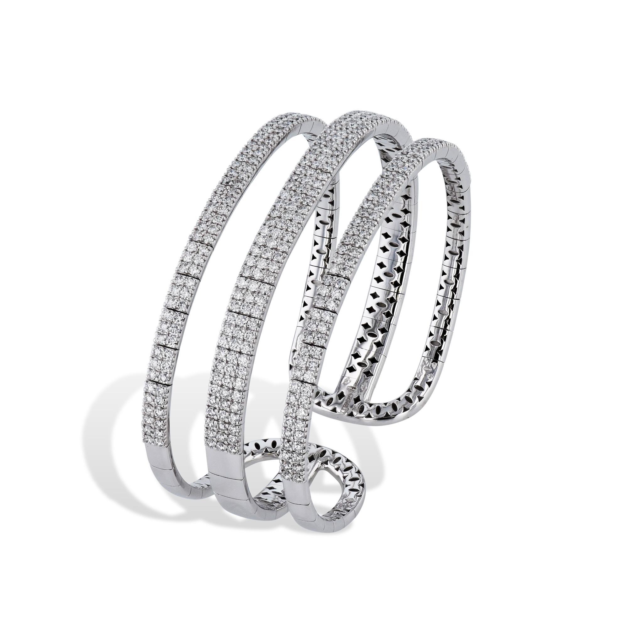 Brilliant Cut Three Row White Gold Diamond Cuff Bracelet For Sale