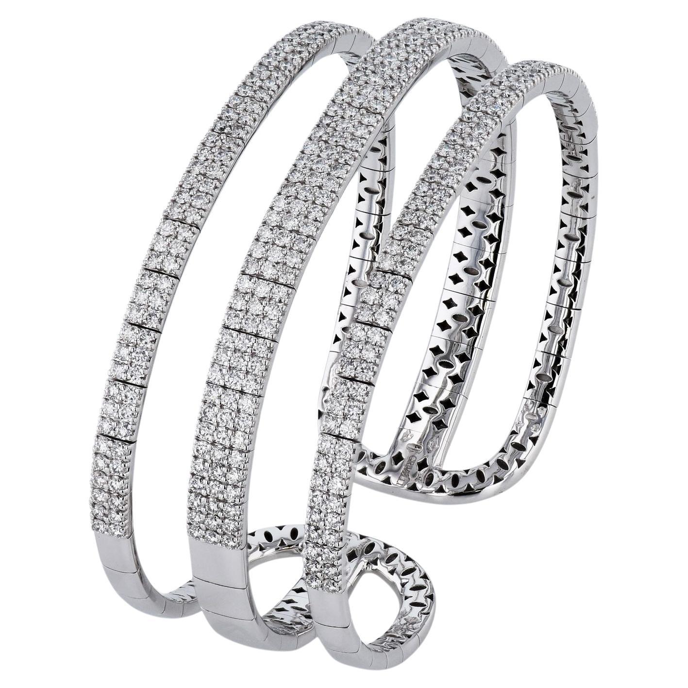 Three Row White Gold Diamond Cuff Bracelet For Sale