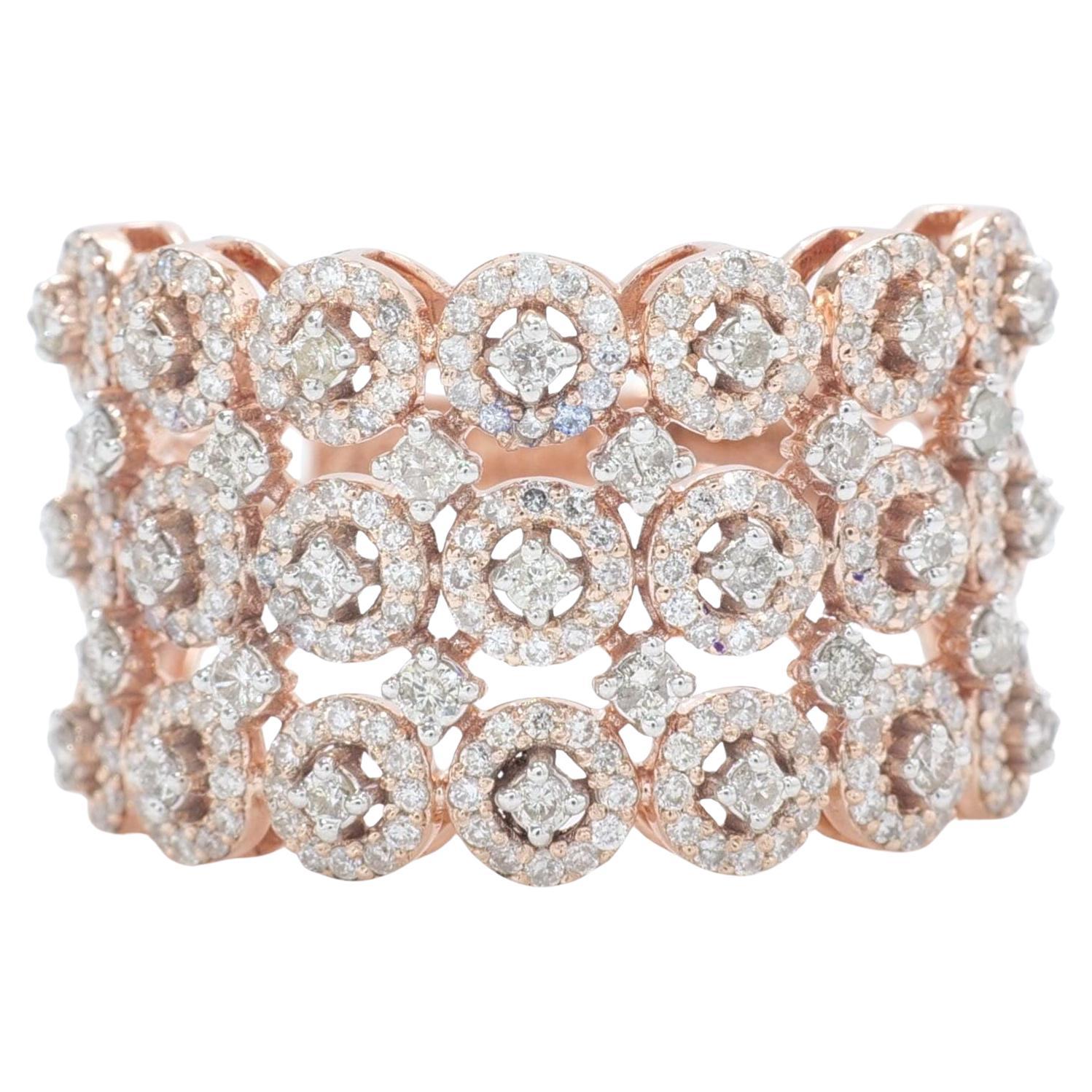Three Row Wide Natural Diamond Broad Band Ring in 14K Solid Gold (Certified) For Sale