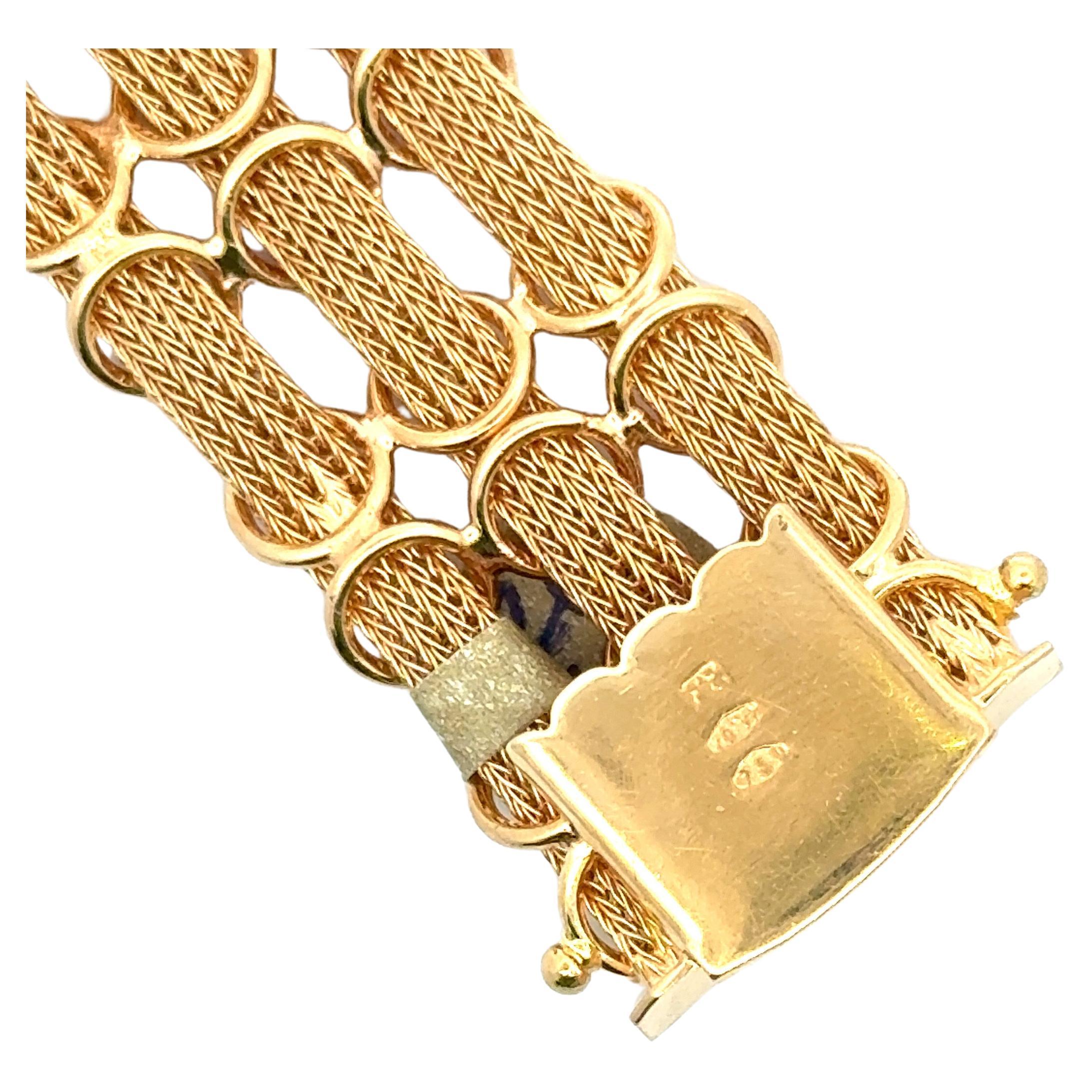 Contemporary Three Row Woven Net Motif Bracelet 41.2 Grams 18 Karat Yellow Gold For Sale