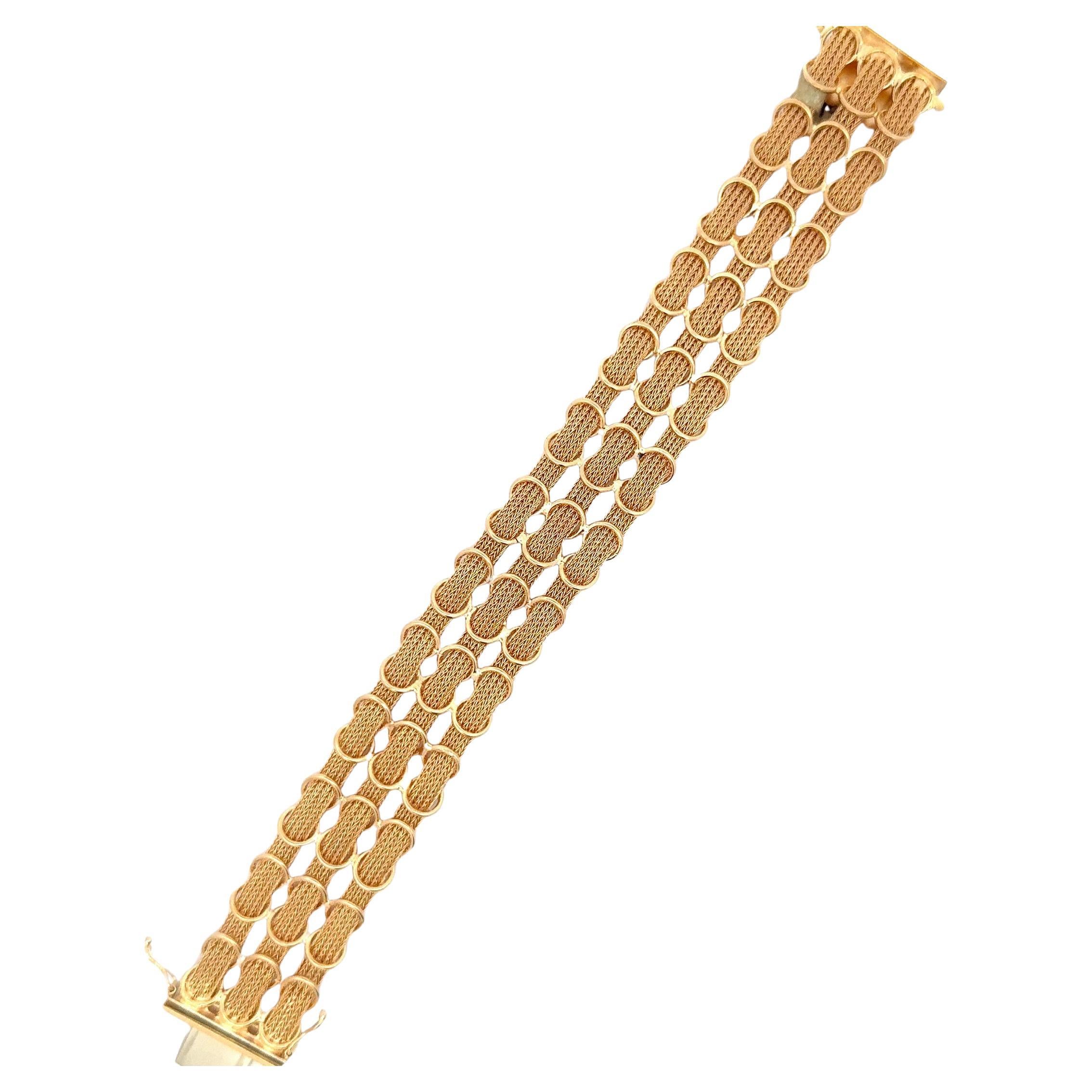 Three Row Woven Net Motif Bracelet 41.2 Grams 18 Karat Yellow Gold In Excellent Condition For Sale In New York, NY