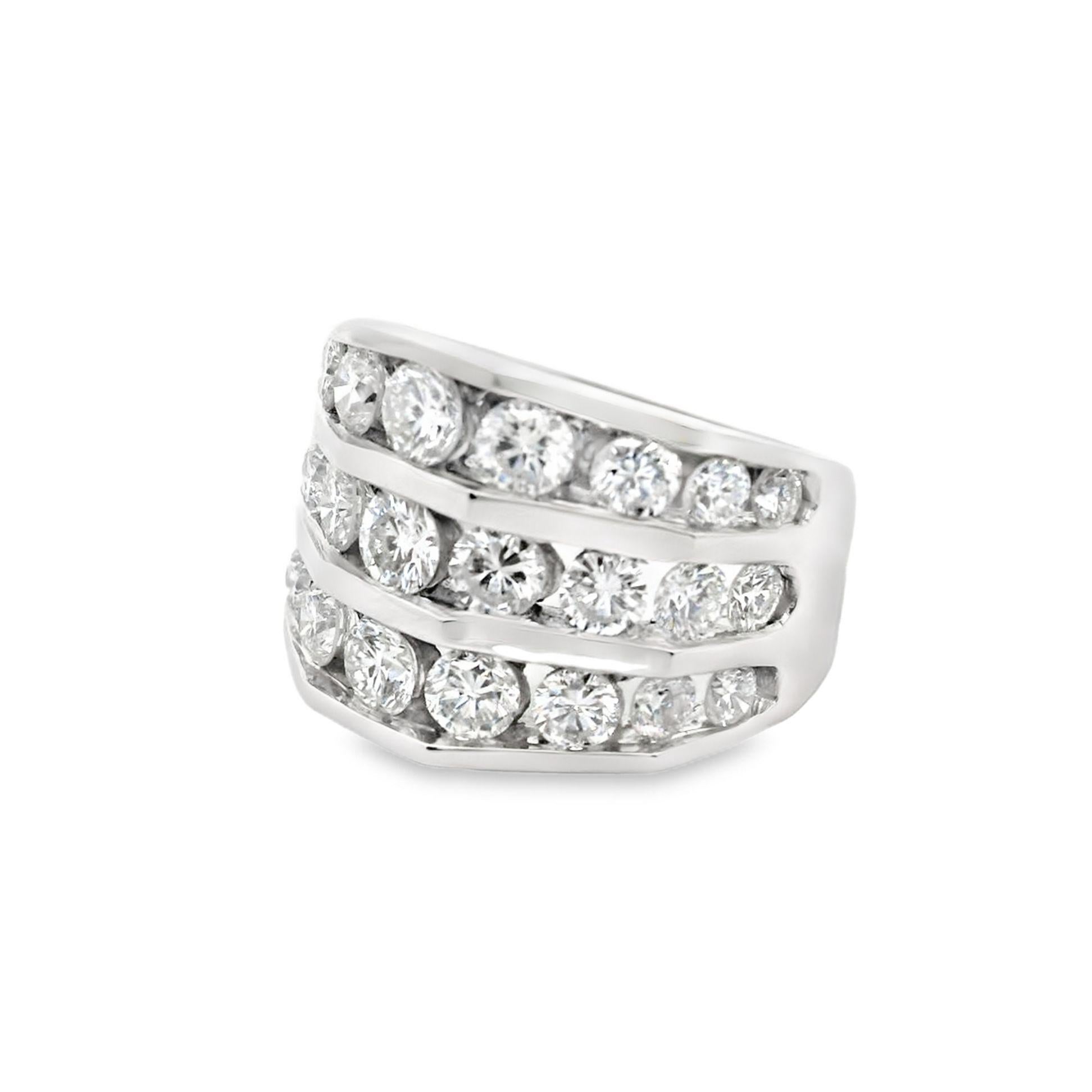 Contemporary Three Rows Diamond 14k Gold Band Ring For Sale