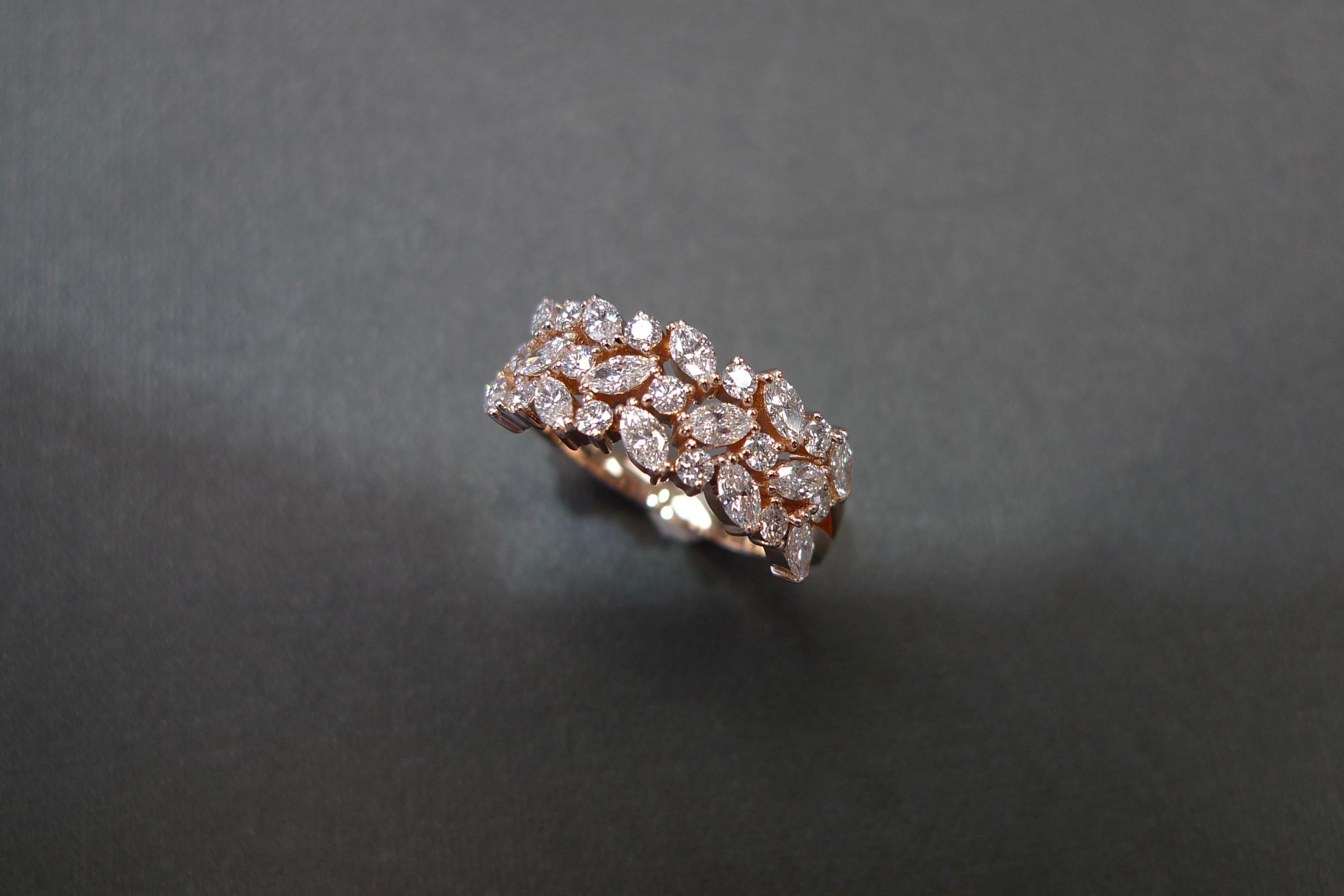 For Sale:  Three Rows Marquise Cut Diamond Unique Wedding Ring Band 18k Rose Gold 10