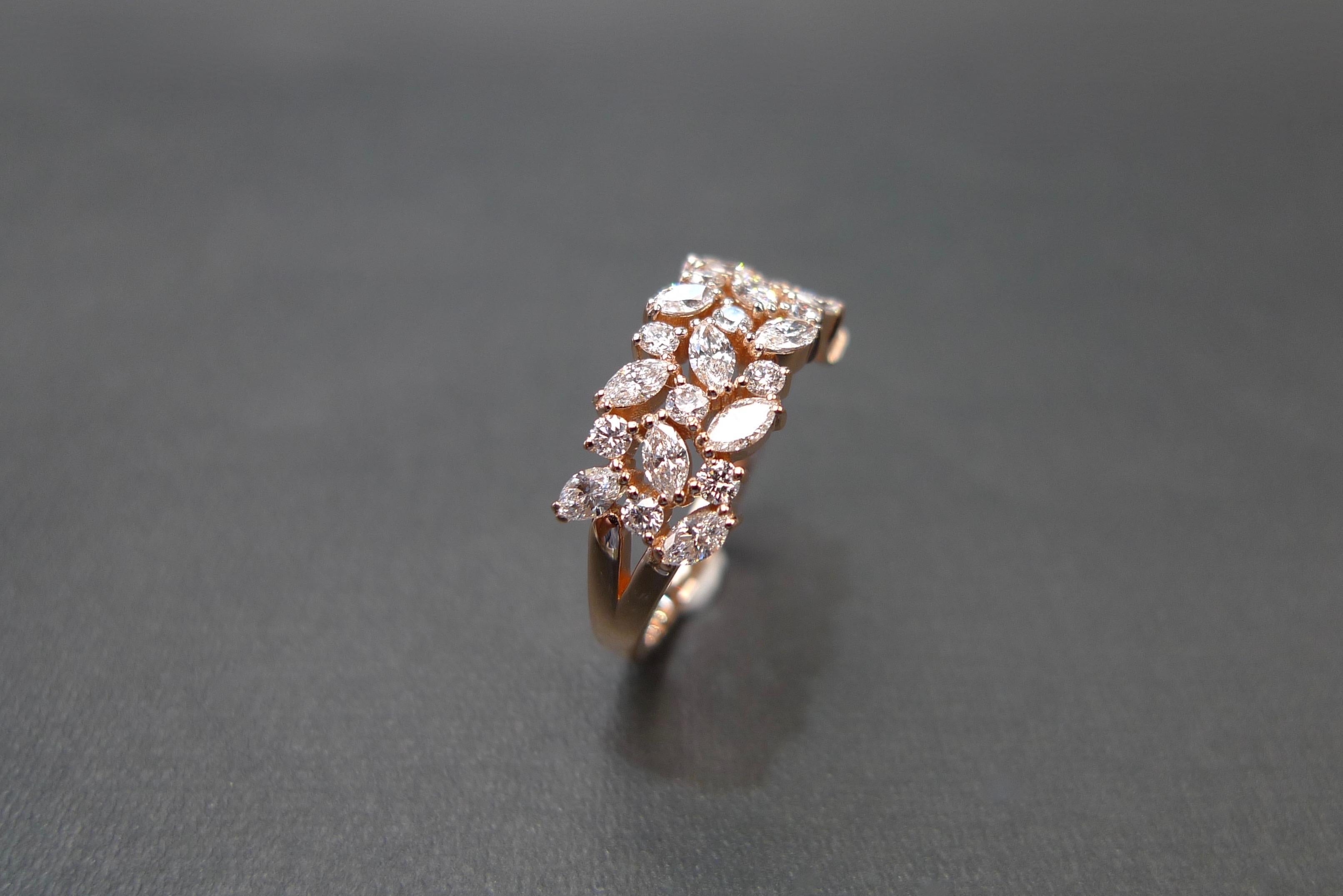For Sale:  Three Rows Marquise Cut Diamond Unique Wedding Ring Band 18k Rose Gold 13