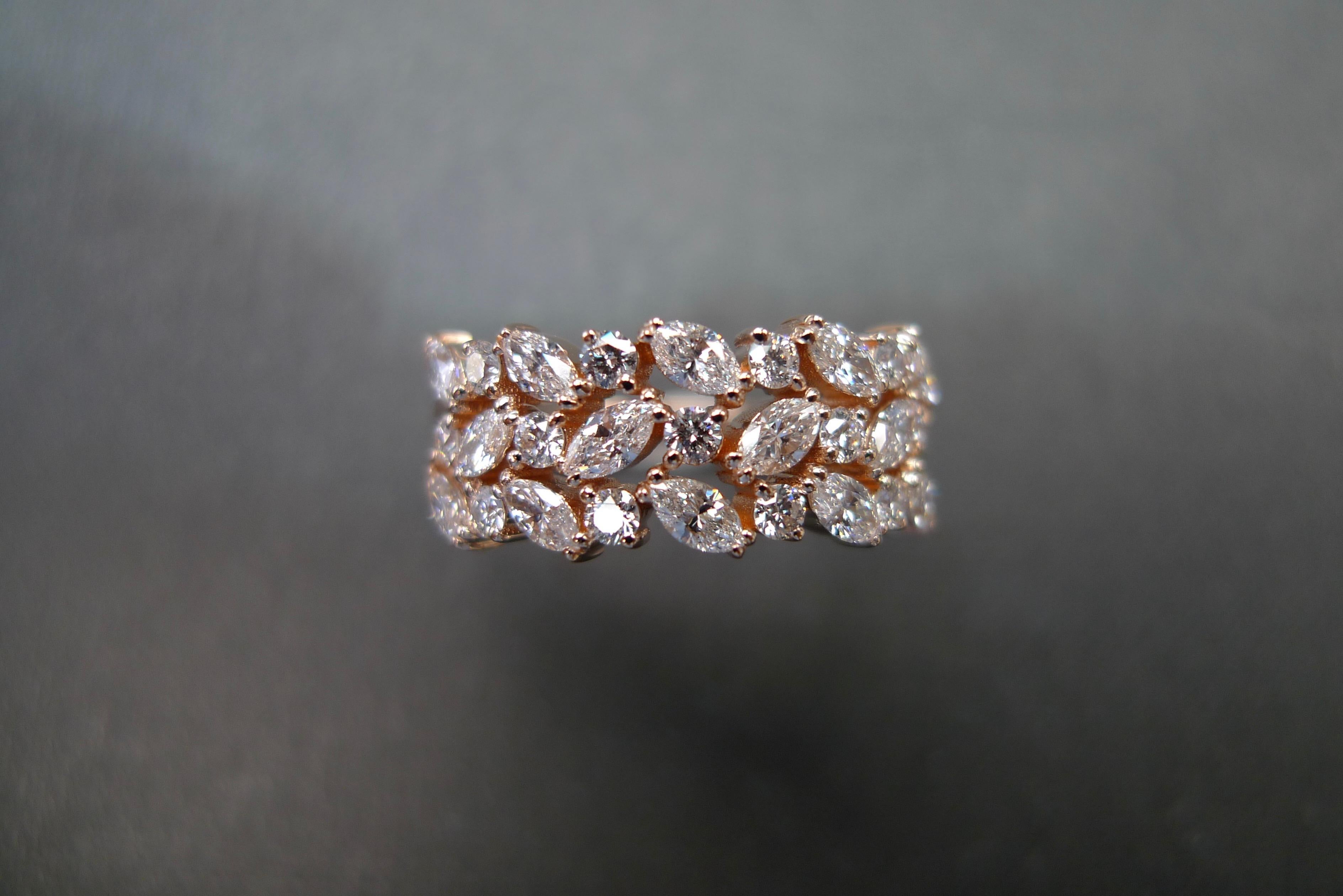 For Sale:  Three Rows Marquise Cut Diamond Unique Wedding Ring Band 18k Rose Gold 5