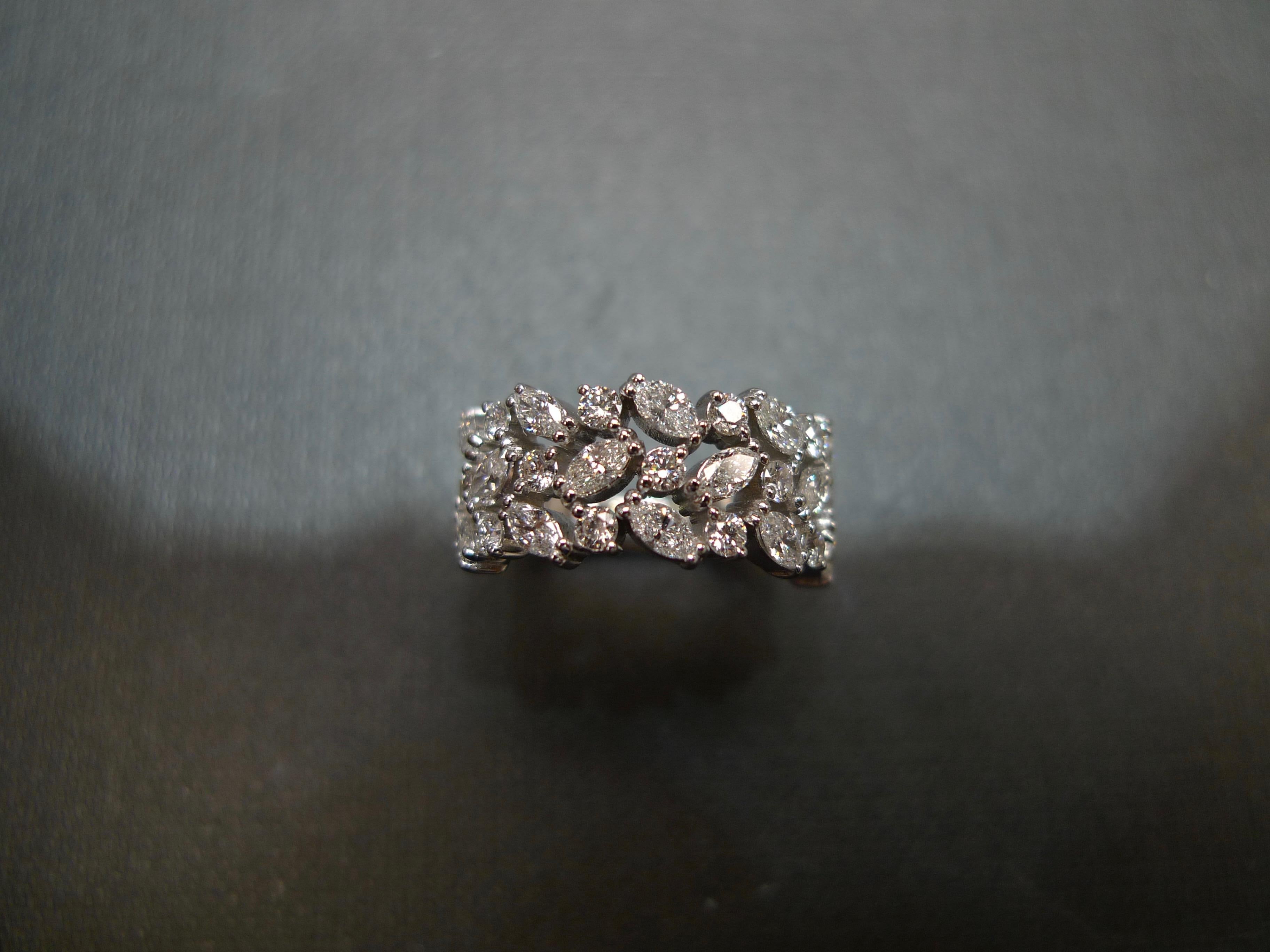 For Sale:  Three Rows Marquise Cut Diamond Unique Wedding Ring Band 18k White Gold 10