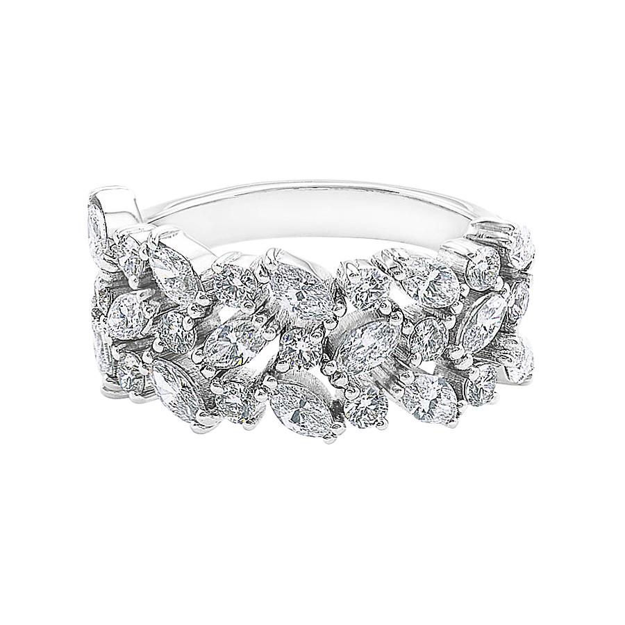 Tres filas de diamantes talla marquesa Alianza única de oro blanco de 18k