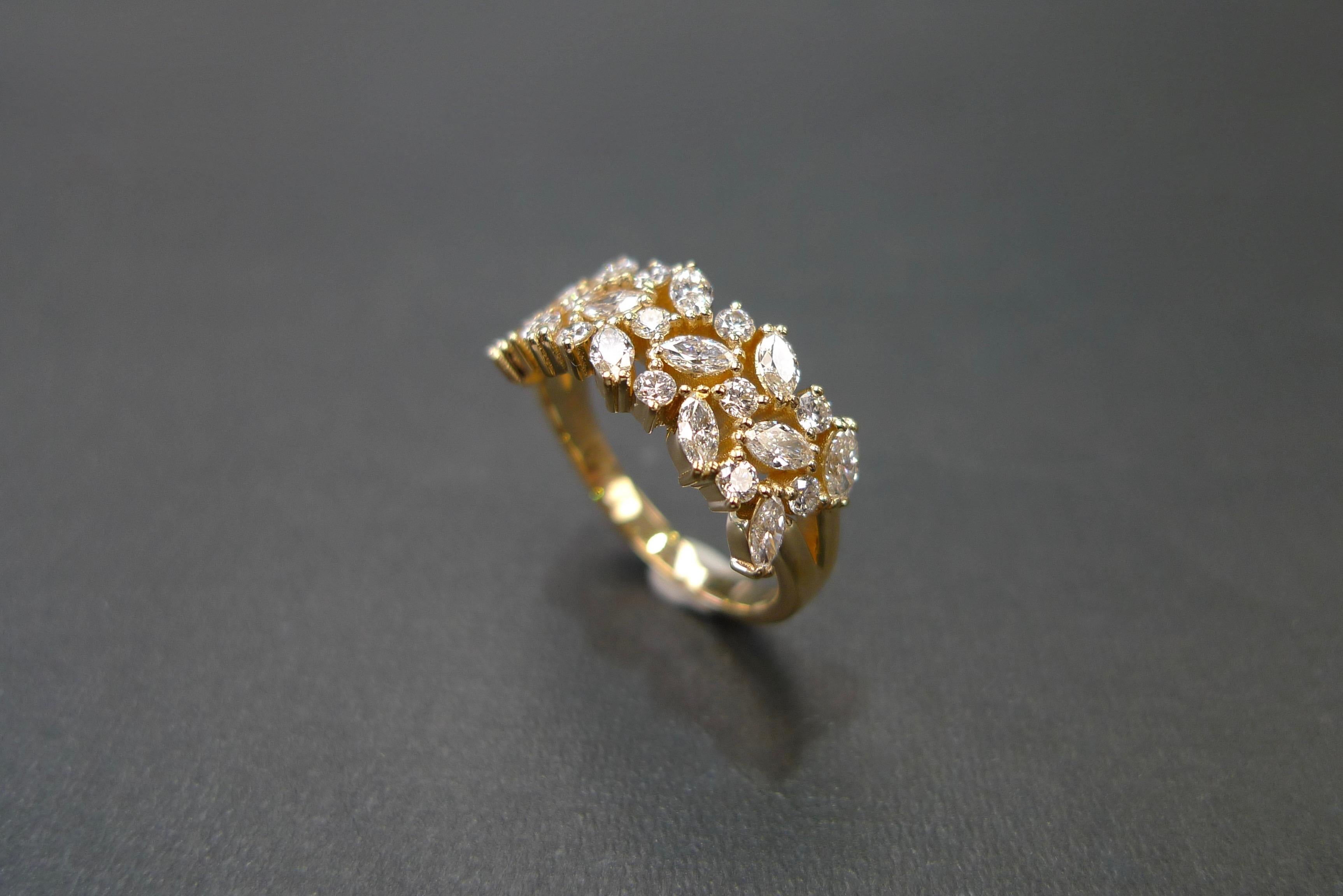 For Sale:  Three Rows Marquise Cut Diamond Unique Wedding Ring Band 18k Yellow Gold 10