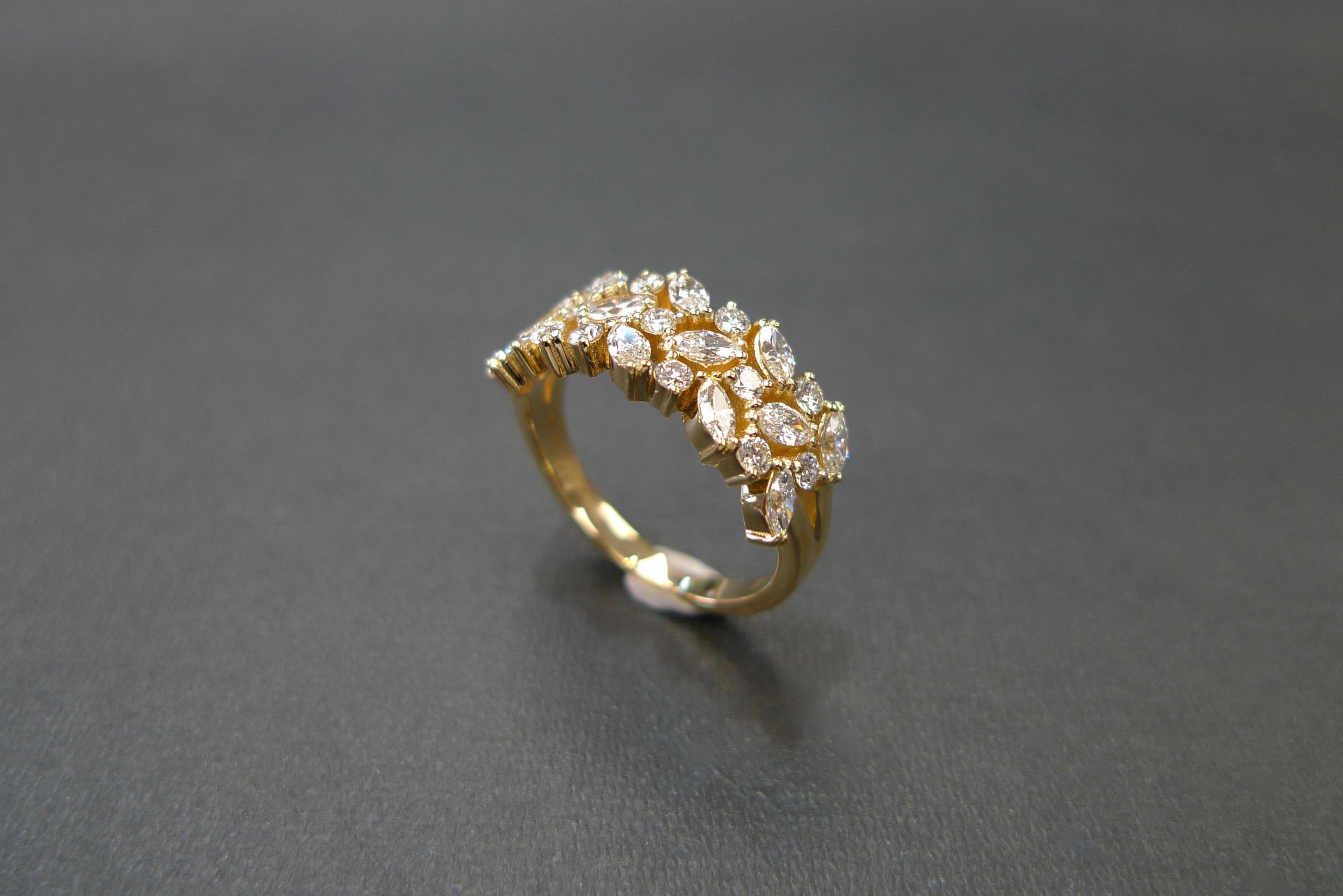 For Sale:  Three Rows Marquise Cut Diamond Unique Wedding Ring Band 18k Yellow Gold 11